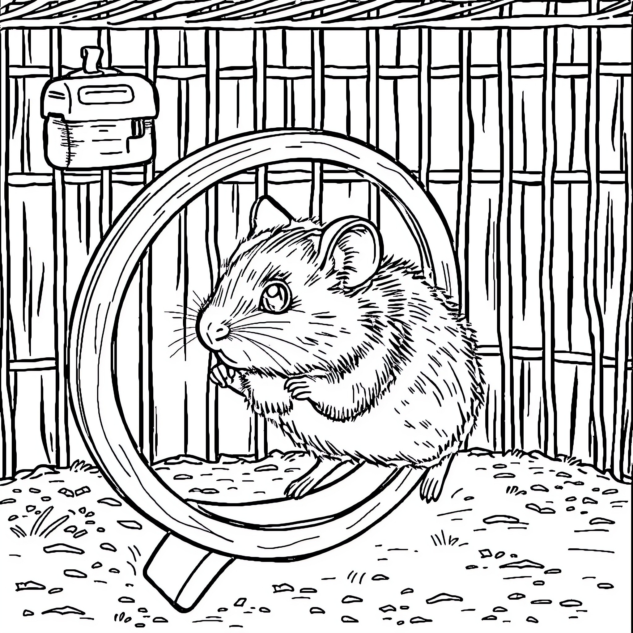 Hamster playing happily in a wheel Coloring Page (free black-and-white line drawing printable PDF for all, from beginners to advanced learners, including children, teens, adults, and seniors)