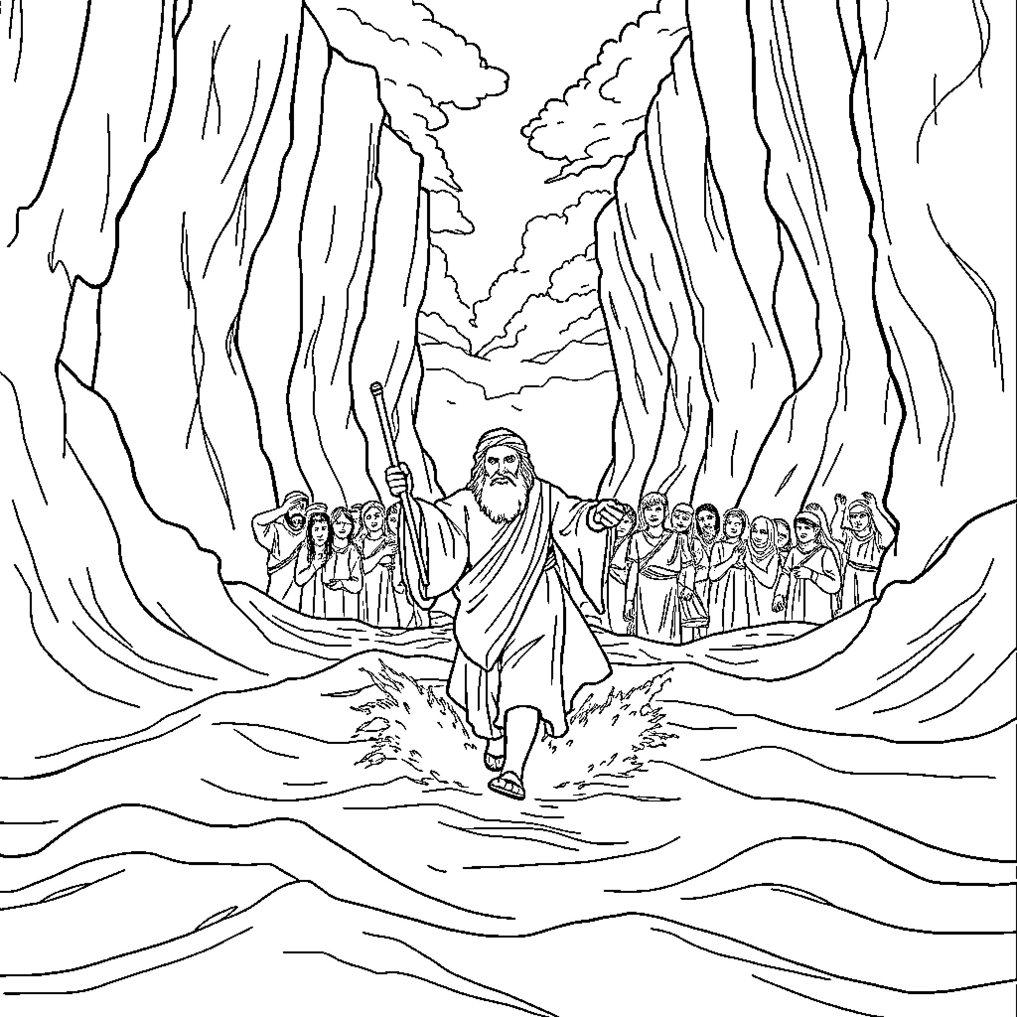 Moses Leads the Israelites Through the Parted Red Sea Coloring Page (free black-and-white line drawing printable PDF for all, from beginners to advanced learners, including children, teens, adults, and seniors)