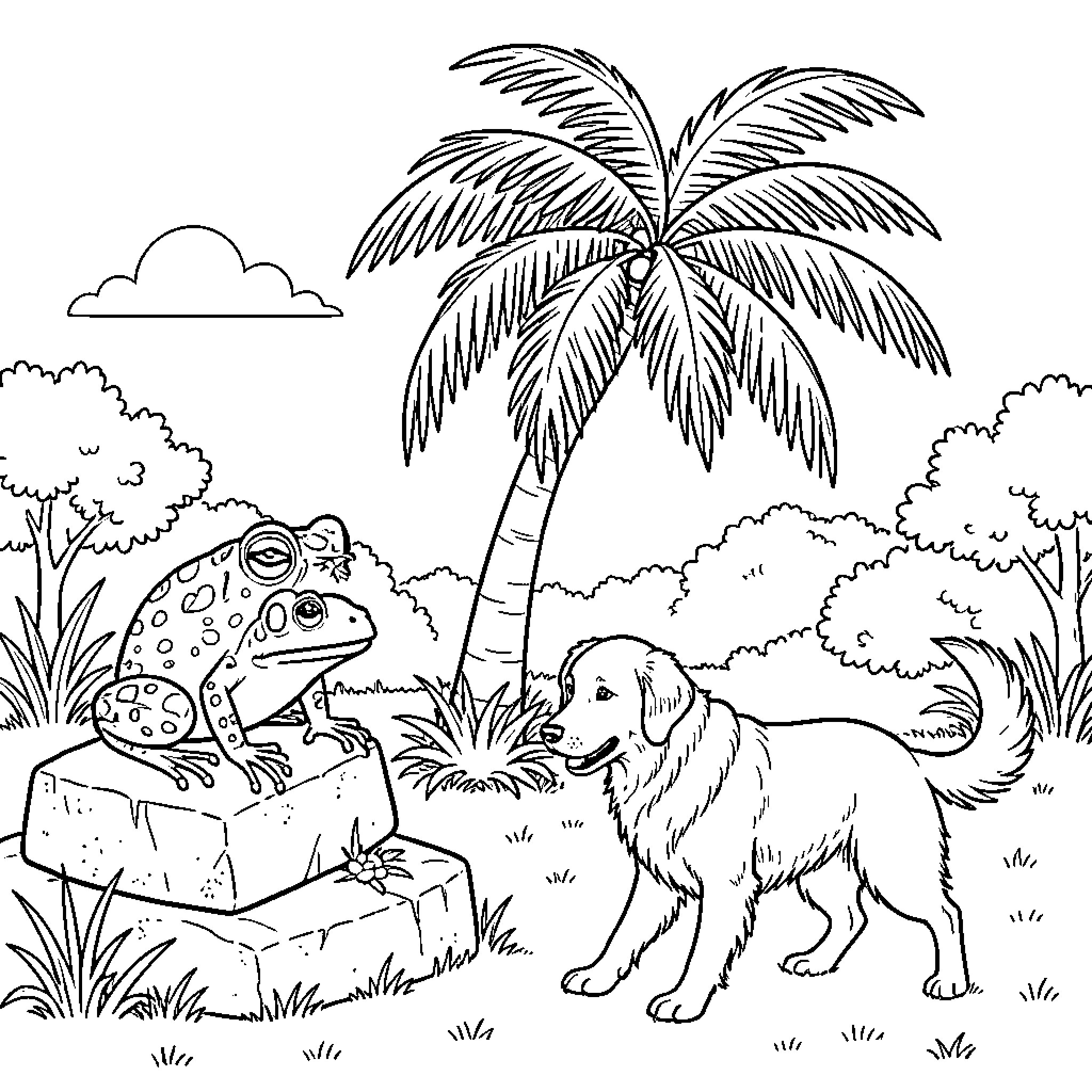 Frog sitting on a rock watching a dog Coloring Page (free black-and-white line drawing printable PDF for all, from beginners to advanced learners, including children, teens, adults, and seniors)