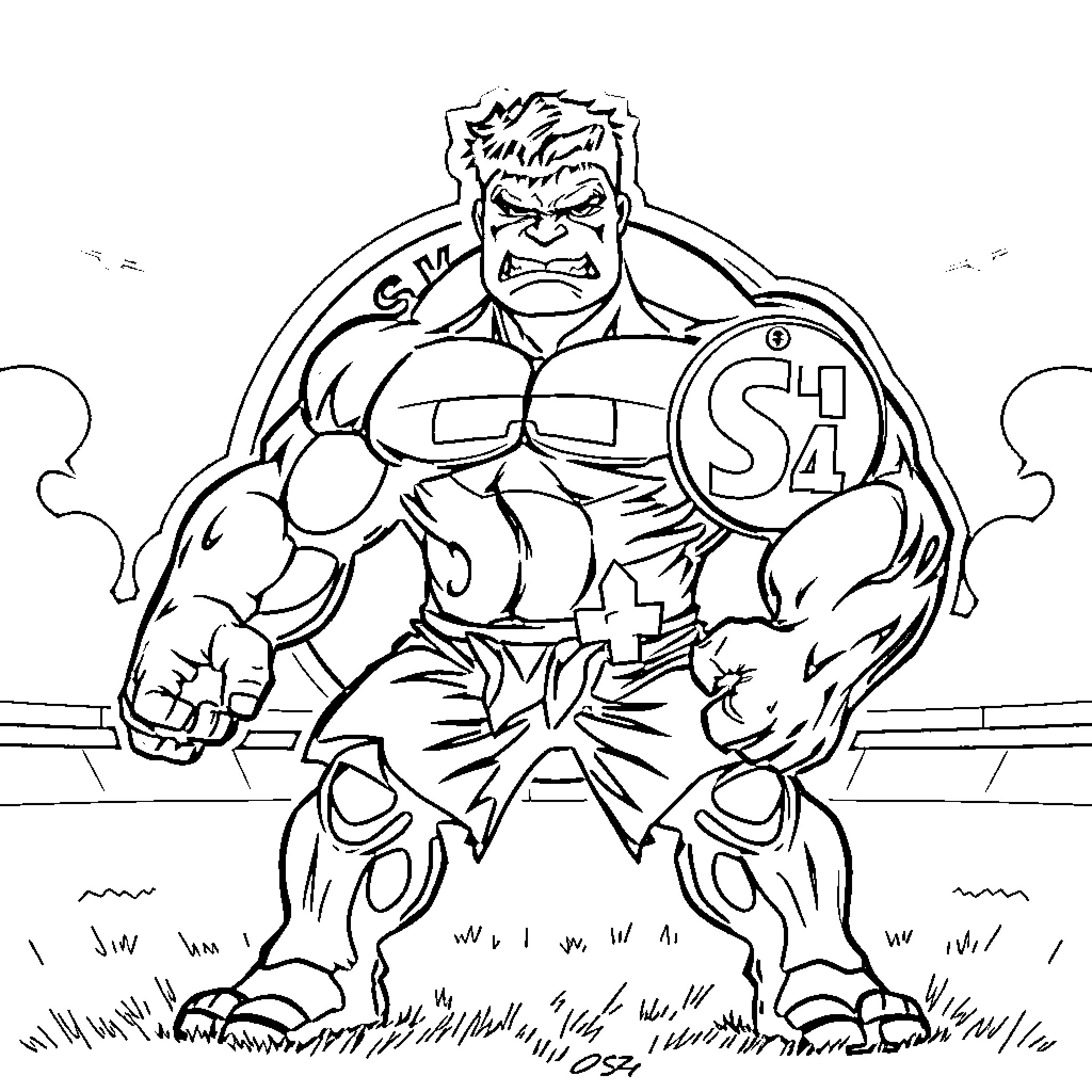 Hulk flexing muscles with determination Coloring Page (free black-and-white line drawing printable PDF for all, from beginners to advanced learners, including children, teens, adults, and seniors)