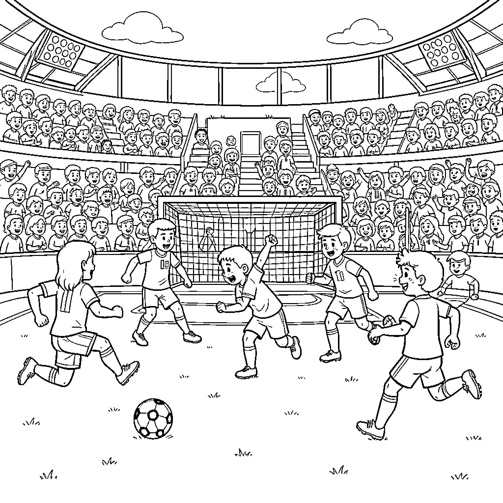 Football players competing in a stadium match Coloring Page (free black-and-white line drawing printable PDF for all, from beginners to advanced learners, including children, teens, adults, and seniors)
