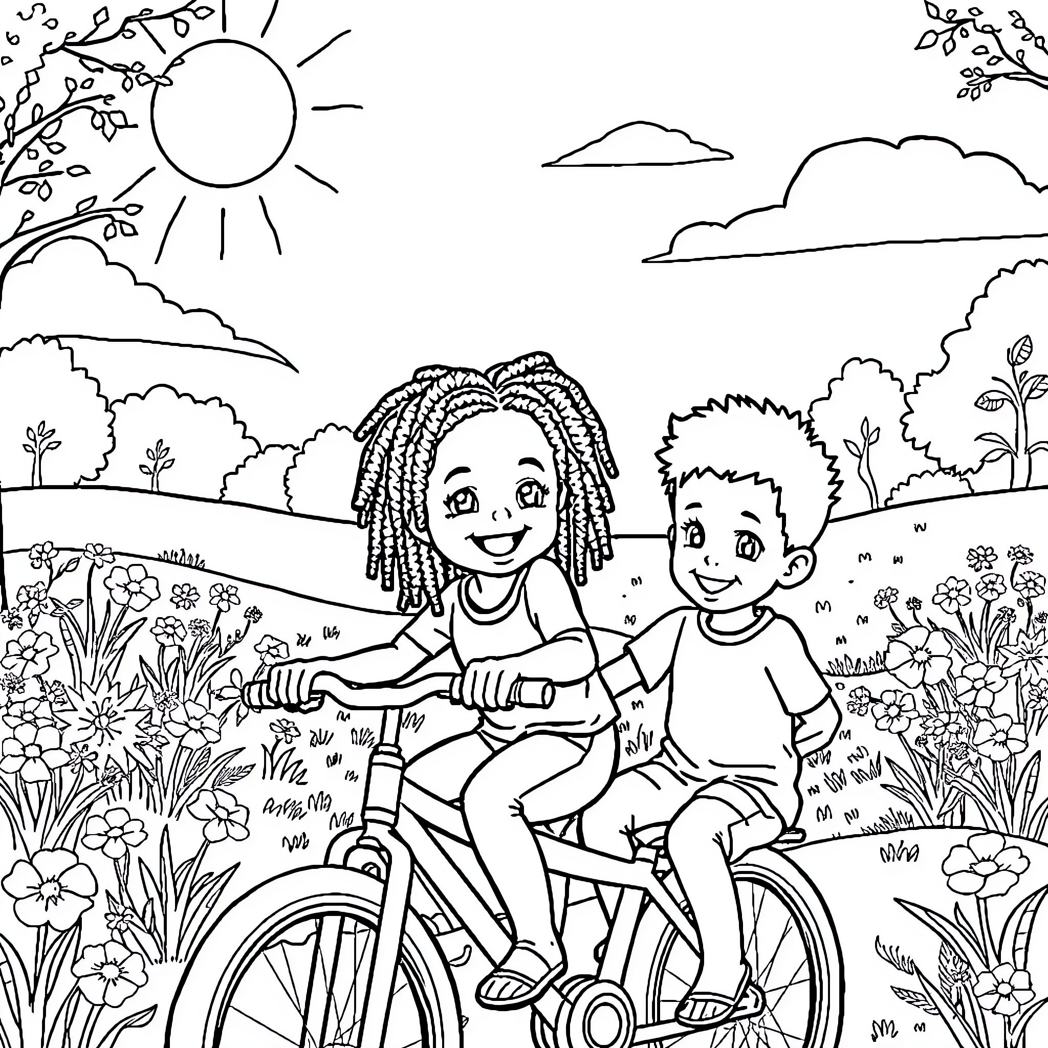 Children joyfully biking through a lush garden Coloring Page (free black-and-white line drawing printable PDF for all, from beginners to advanced learners, including children, teens, adults, and seniors)