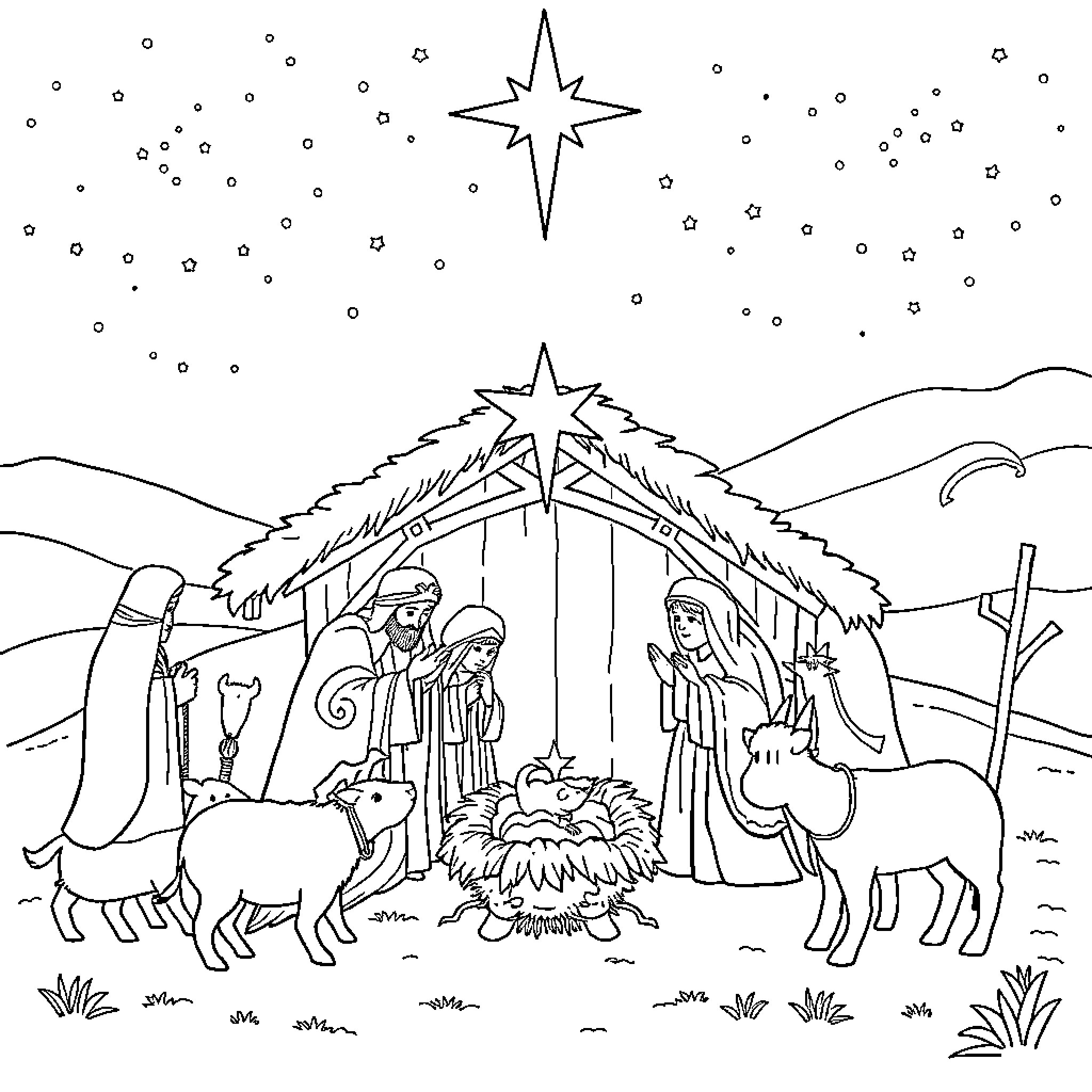 Nativity scene with holy family, animals, and shining star Coloring Page (free black-and-white line drawing printable PDF for all, from beginners to advanced learners, including children, teens, adults, and seniors)