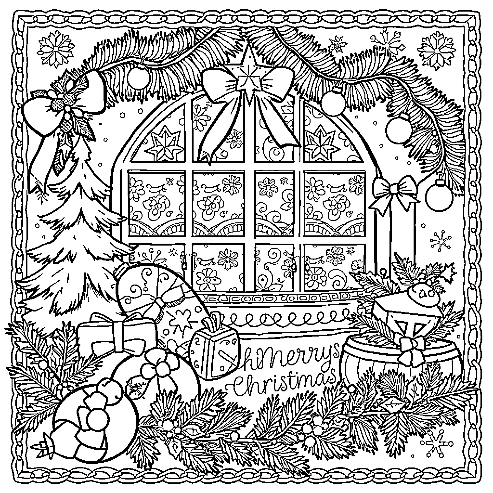 Stitch beautiful Christmas scene with ornaments and greenery Coloring Page (free black-and-white line drawing printable PDF for all, from beginners to advanced learners, including children, teens, adults, and seniors)