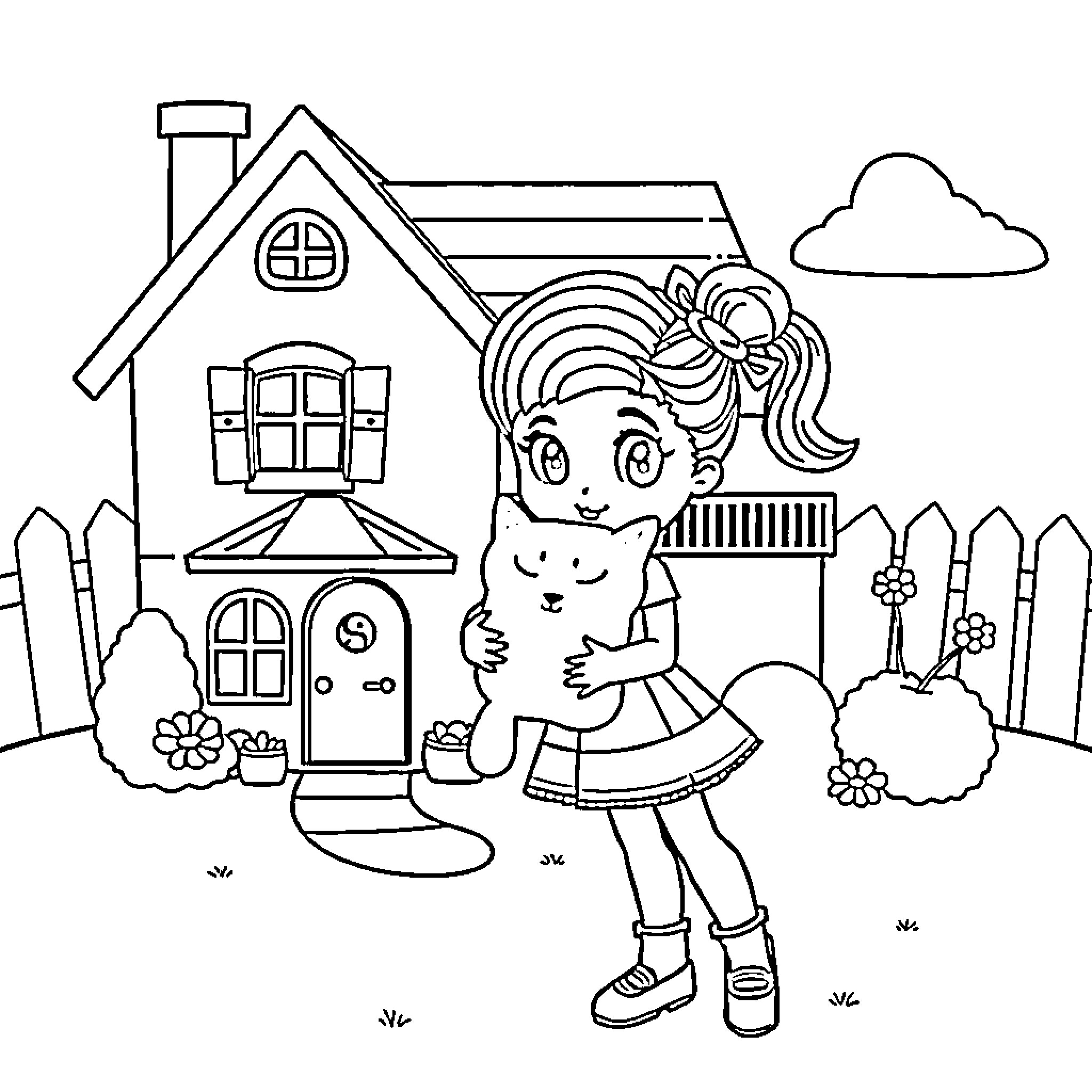 Gabby playing outside her colorful house Coloring Page (free black-and-white line drawing printable PDF for all, from beginners to advanced learners, including children, teens, adults, and seniors)