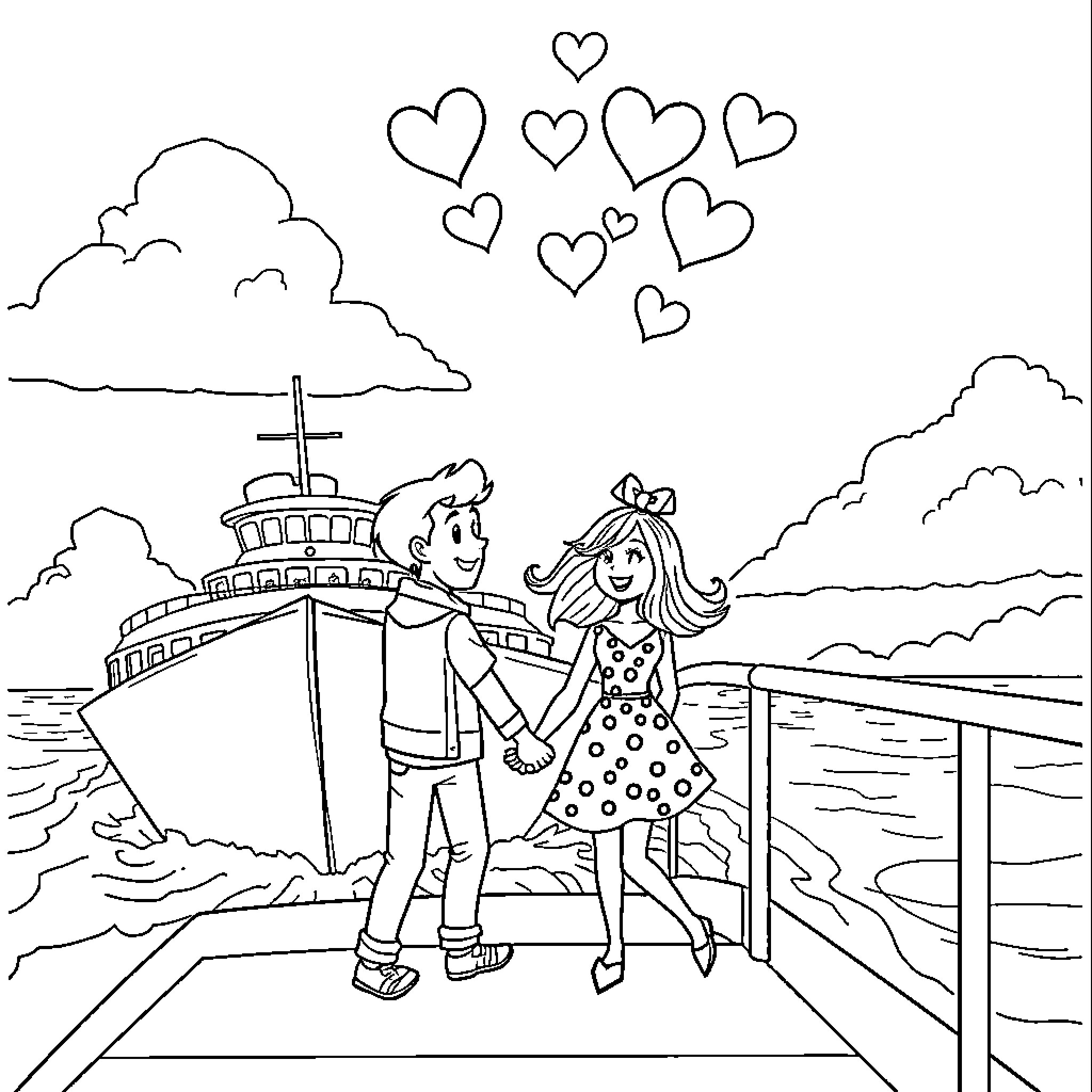 Couple enjoying a romantic cruise together Coloring Page (free black-and-white line drawing printable PDF for all, from beginners to advanced learners, including children, teens, adults, and seniors)