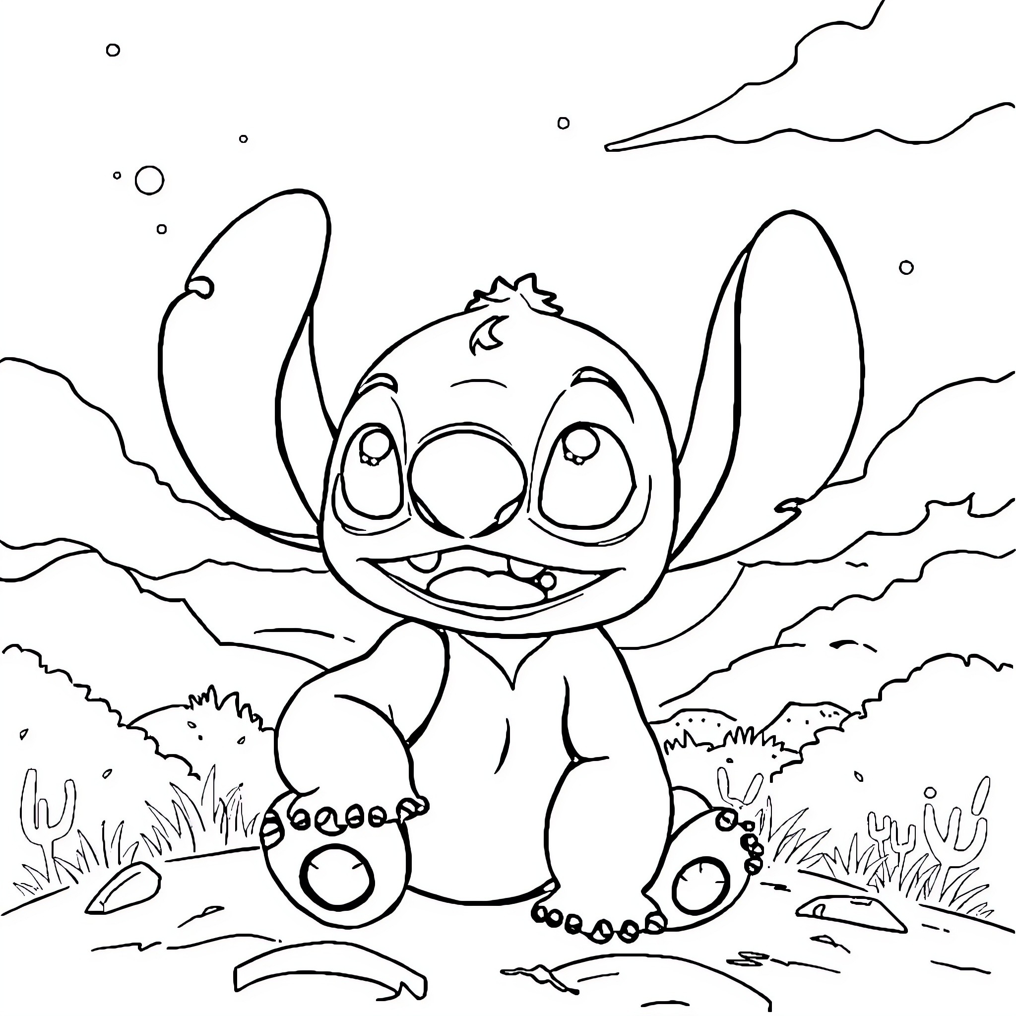 Stitch sitting in nature with a happy expression Coloring Page (free black-and-white line drawing printable PDF for all, from beginners to advanced learners, including children, teens, adults, and seniors)