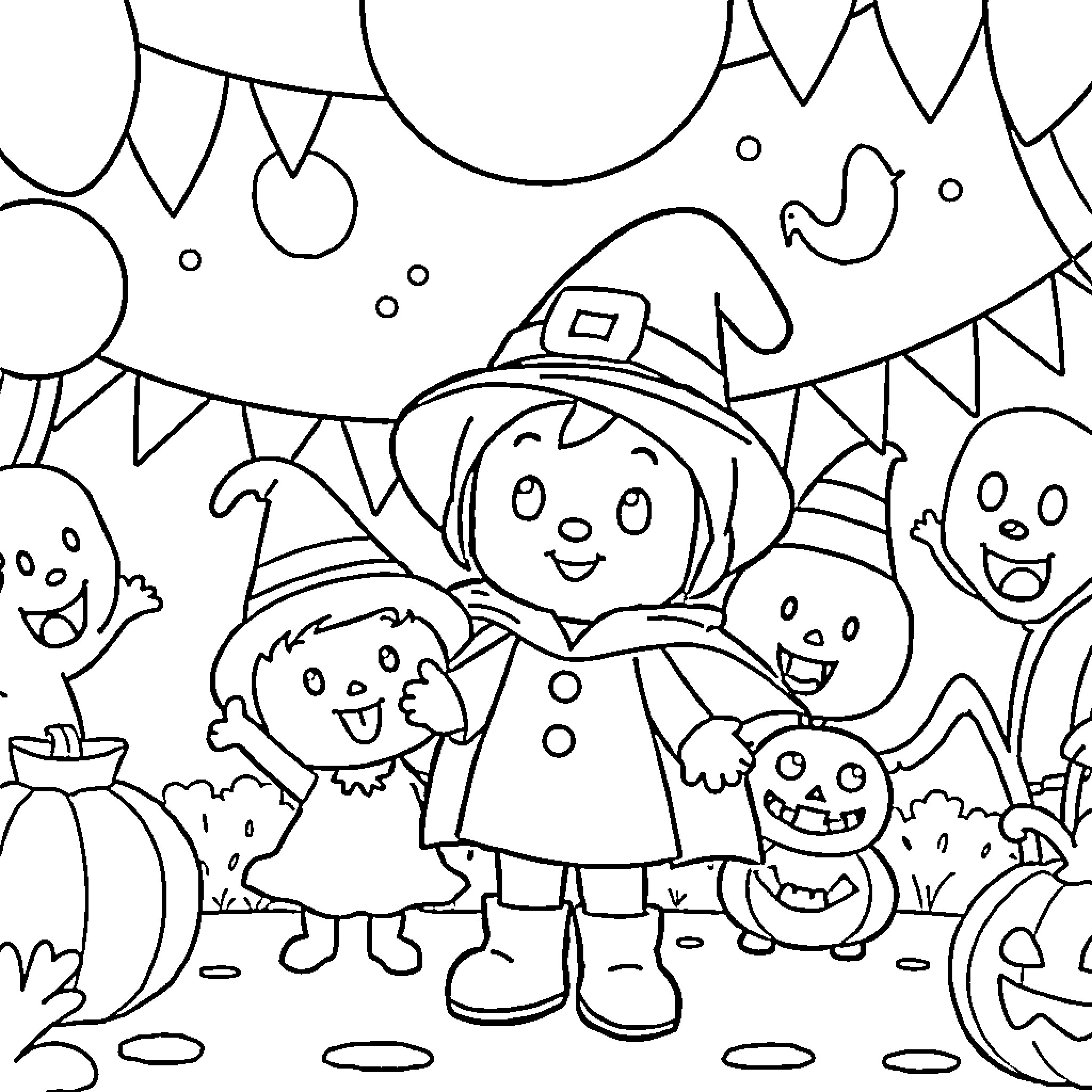 Pocoyo and friends celebrating Halloween Coloring Page (free black-and-white line drawing printable PDF for all, from beginners to advanced learners, including children, teens, adults, and seniors)