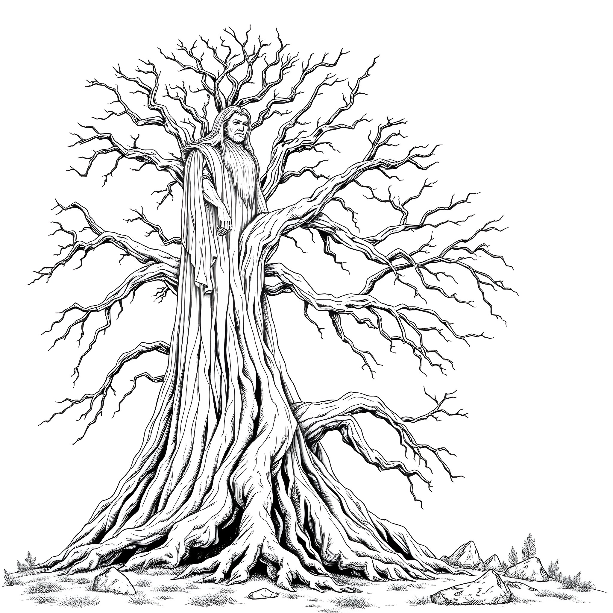 Spirit of the Enchanted Tree Coloring Page (free black-and-white line drawing printable PDF for all, from beginners to advanced learners, including children, teens, adults, and seniors)