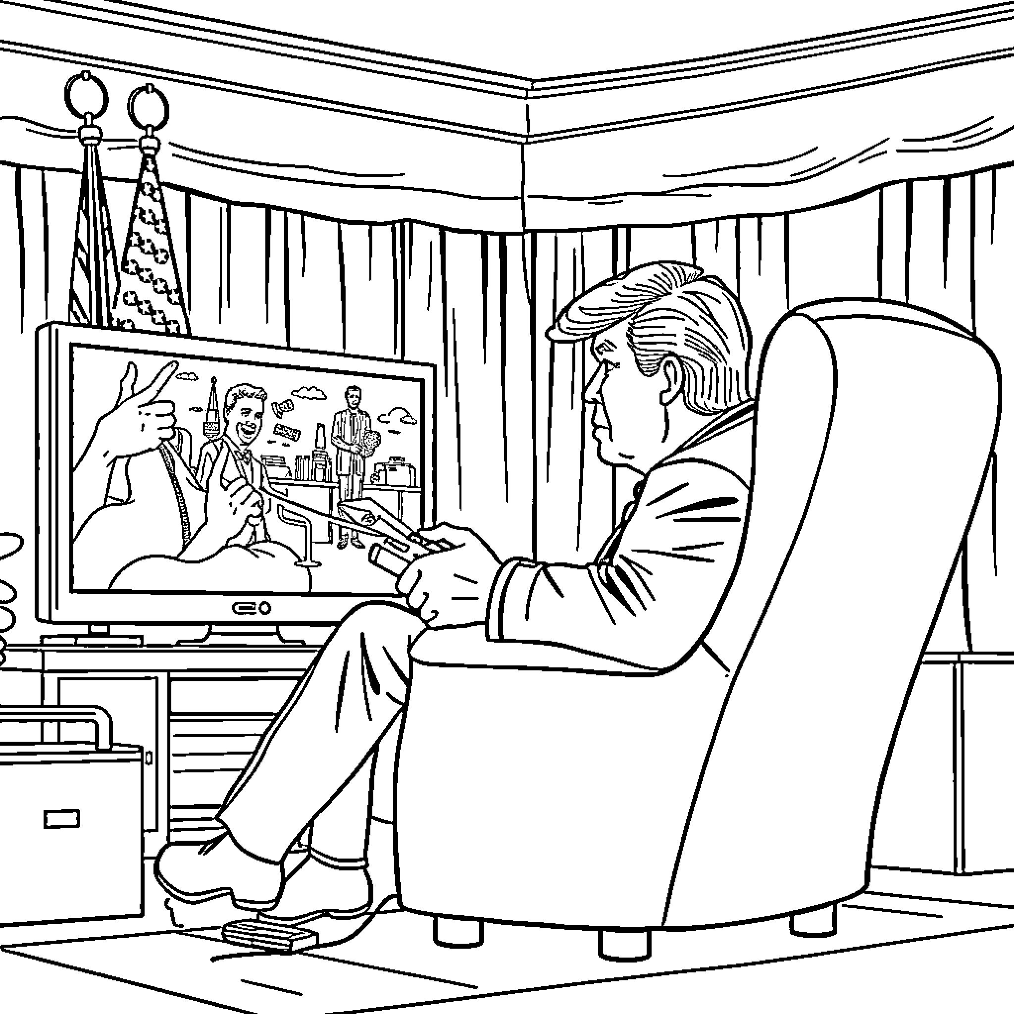 President Watching News on Television Coloring Page (free black-and-white line drawing printable PDF for all, from beginners to advanced learners, including children, teens, adults, and seniors)