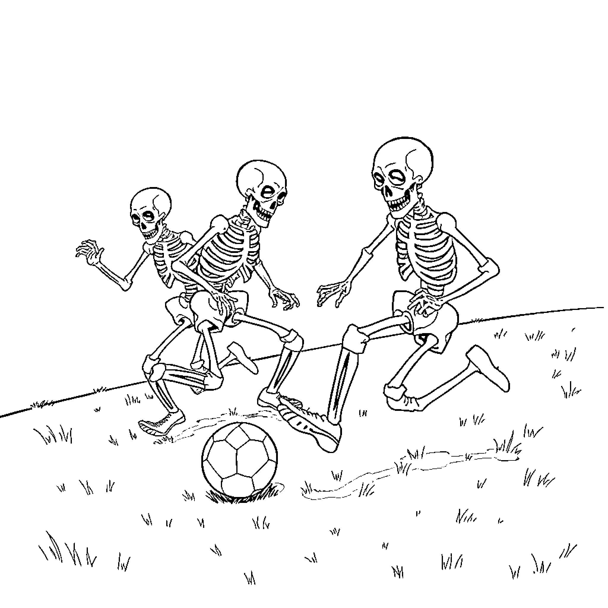 Skeleton soccer game on the field Coloring Page (free black-and-white line drawing printable PDF for all, from beginners to advanced learners, including children, teens, adults, and seniors)