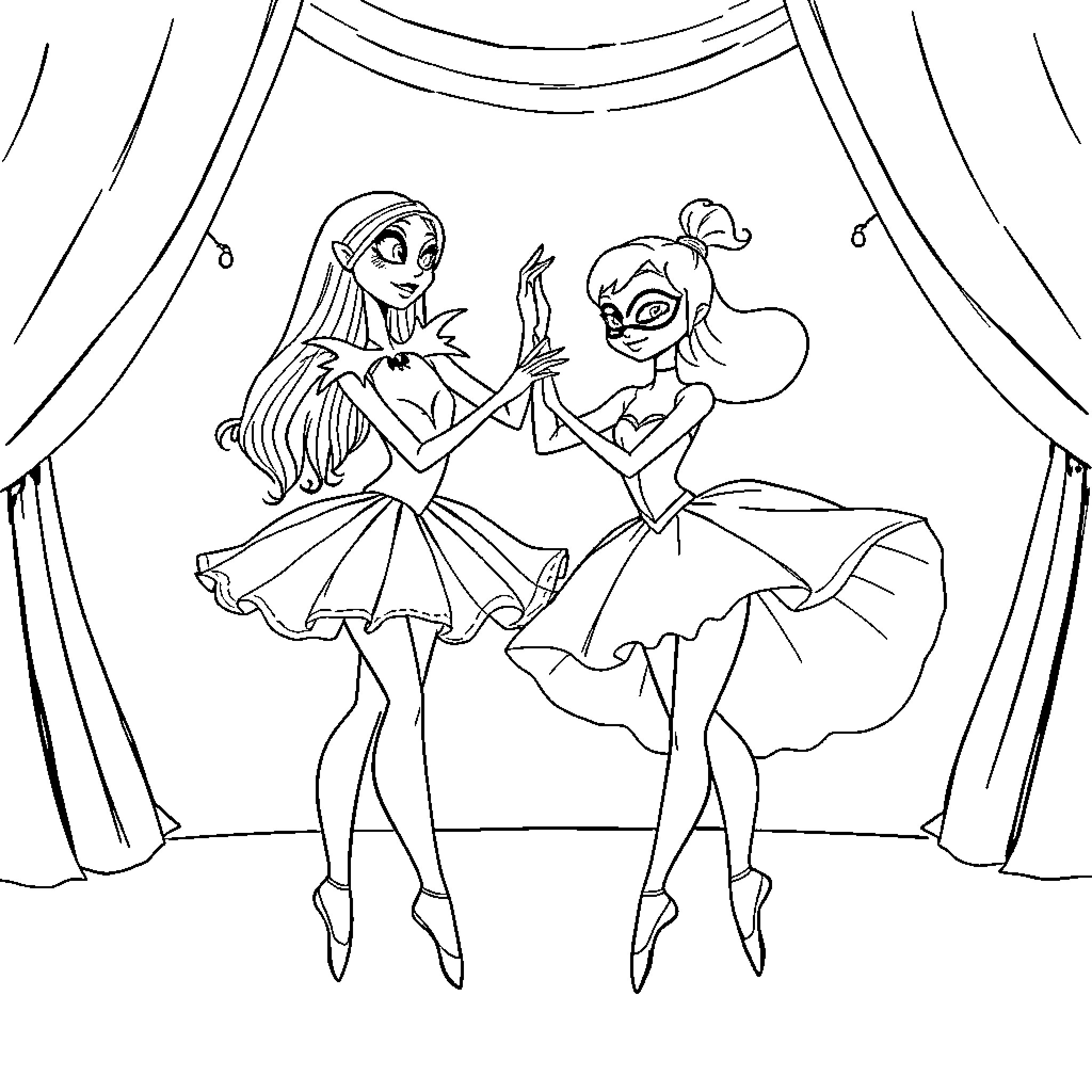 Ballerinas performing on stage with theatrical costumes Coloring Page (free black-and-white line drawing printable PDF for all, from beginners to advanced learners, including children, teens, adults, and seniors)