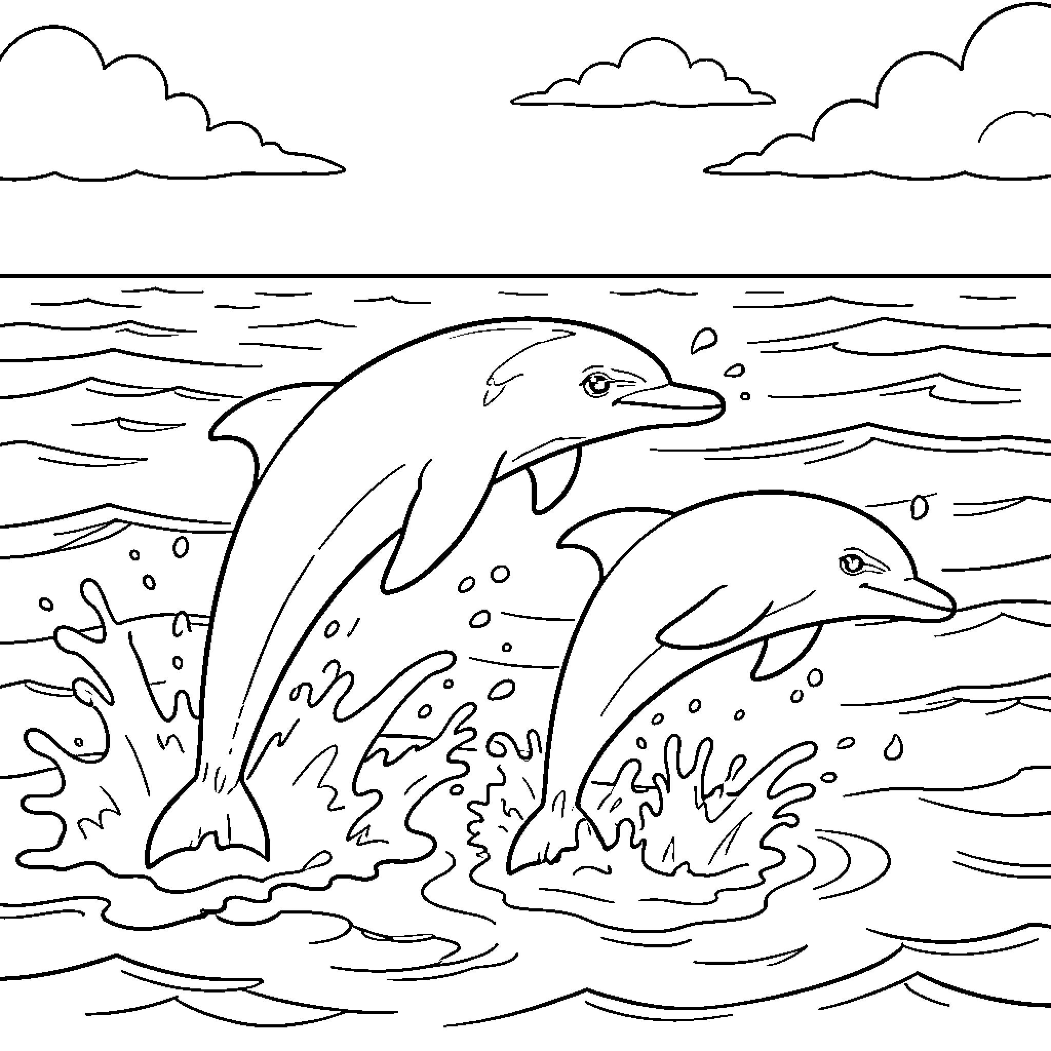 Dolphins Playfully Jumping in the Ocean Coloring Page (free black-and-white line drawing printable PDF for all, from beginners to advanced learners, including children, teens, adults, and seniors)