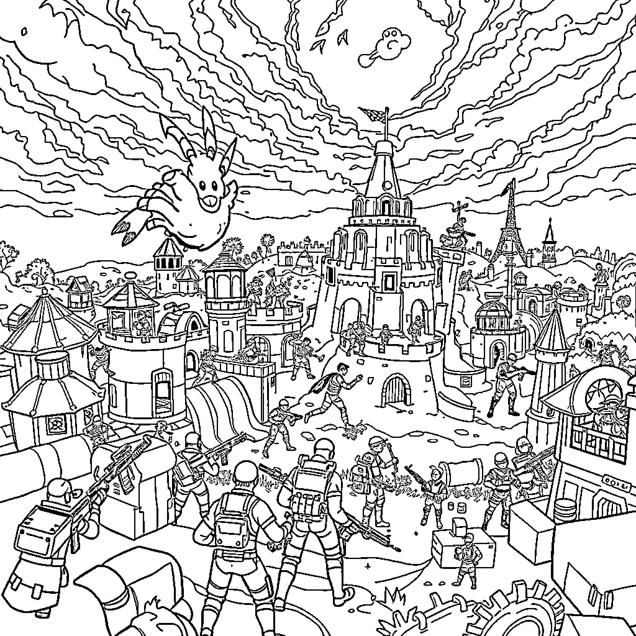 Fortnite Characters in an Imaginative Fantasy World Coloring Page (free black-and-white line drawing printable PDF for all, from beginners to advanced learners, including children, teens, adults, and seniors)