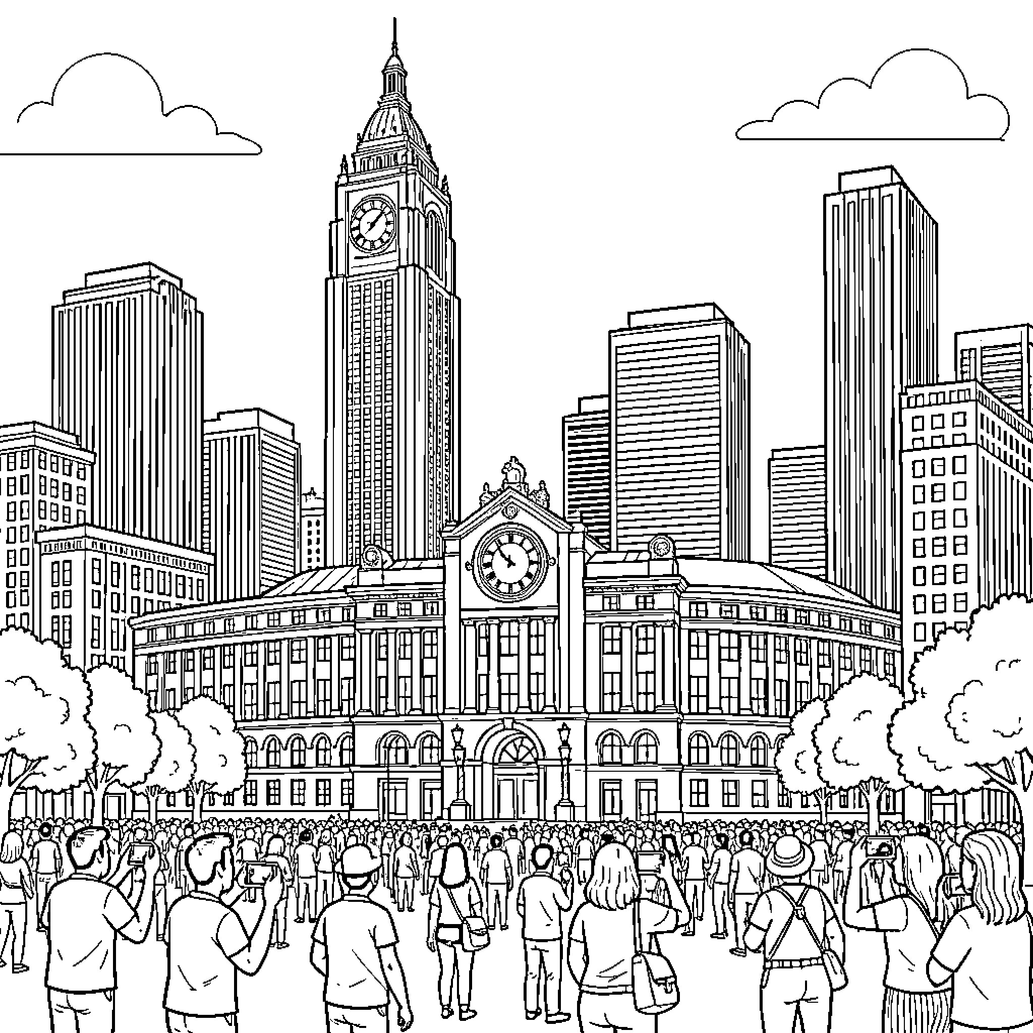 Chicago Landmark with crowds of people exploring the city Coloring Page (free black-and-white line drawing printable PDF for all, from beginners to advanced learners, including children, teens, adults, and seniors)