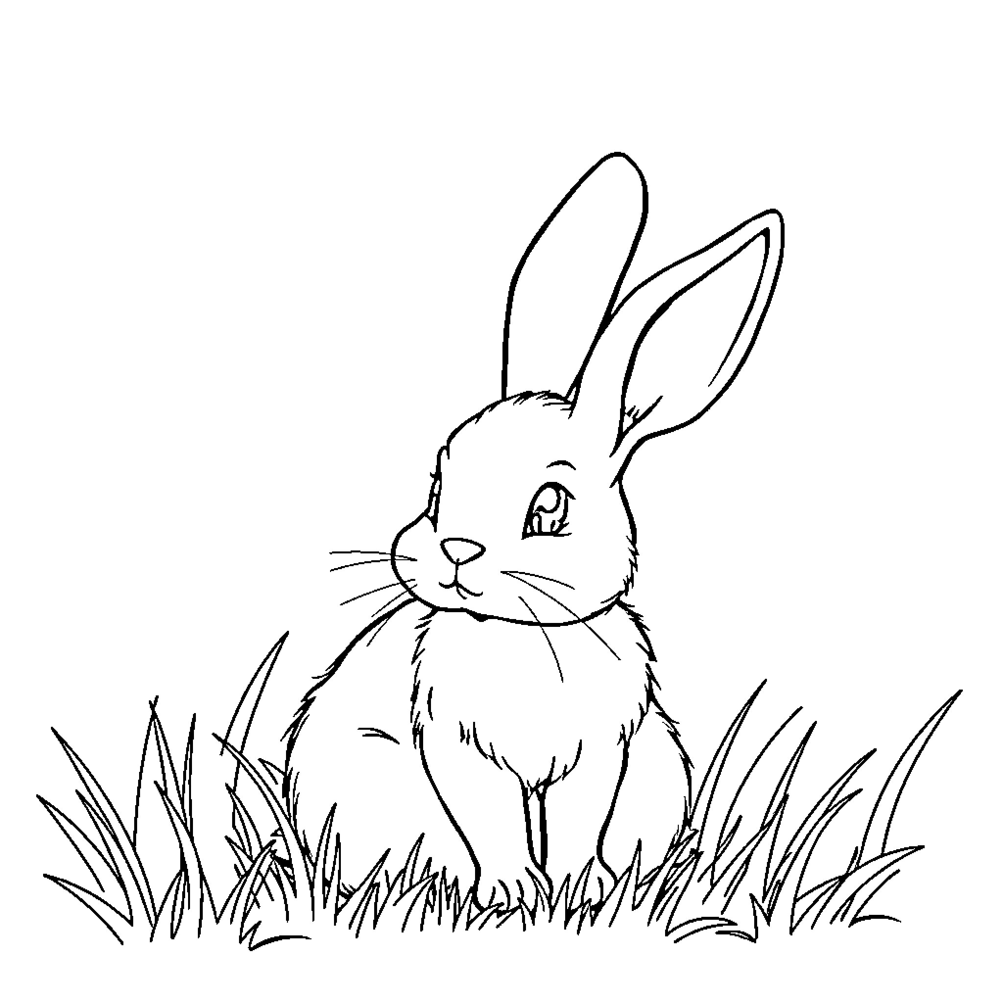 Bunny sitting calmly in the meadow Coloring Page (free black-and-white line drawing printable PDF for all, from beginners to advanced learners, including children, teens, adults, and seniors)