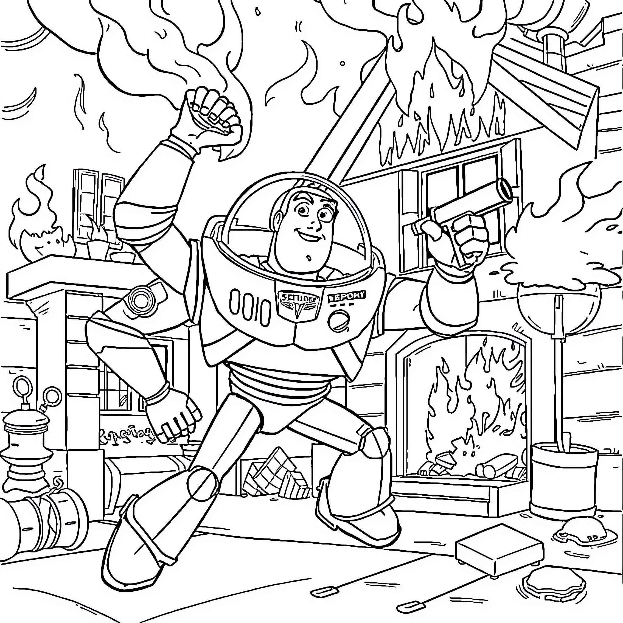 Buzz Lightyear heroically battles fire and disaster Coloring Page (free black-and-white line drawing printable PDF for all, from beginners to advanced learners, including children, teens, adults, and seniors)