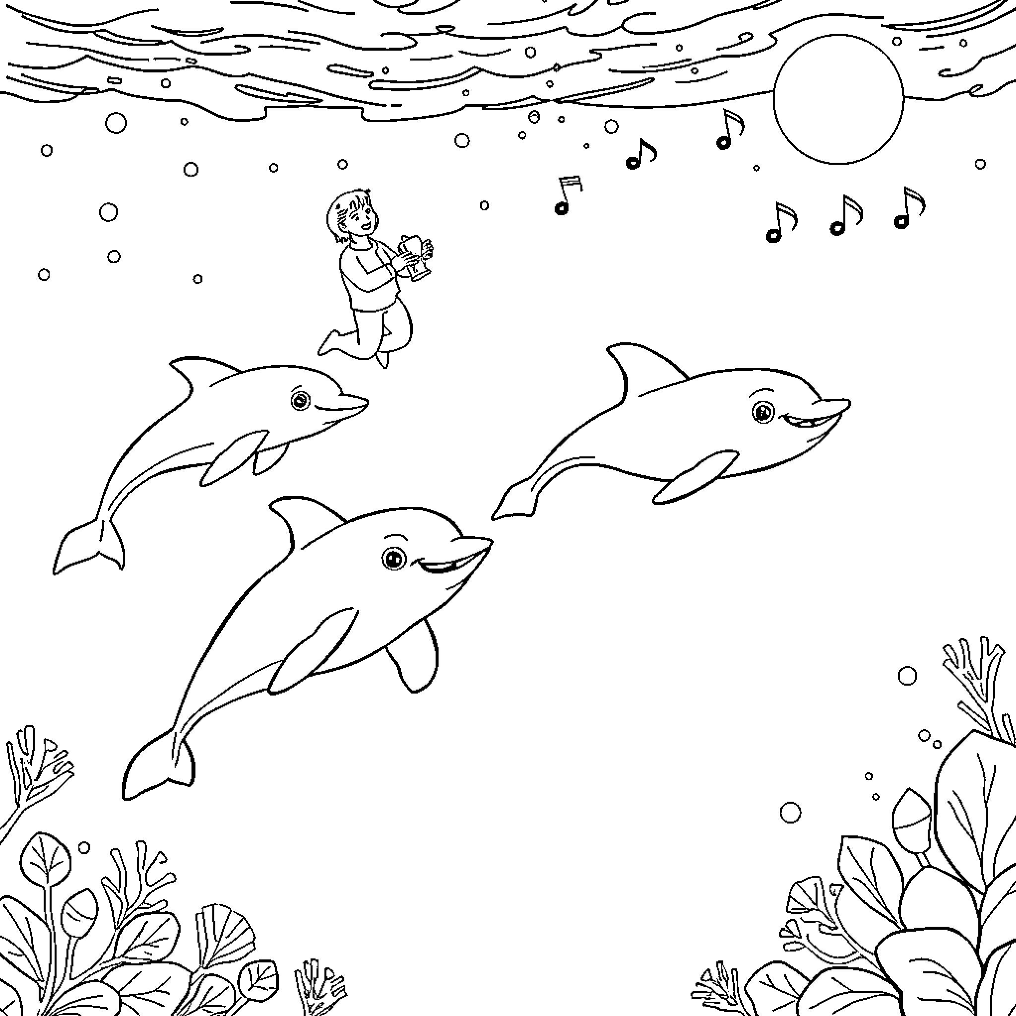 Dolphin playing with music notes in the ocean Coloring Page (free black-and-white line drawing printable PDF for all, from beginners to advanced learners, including children, teens, adults, and seniors)