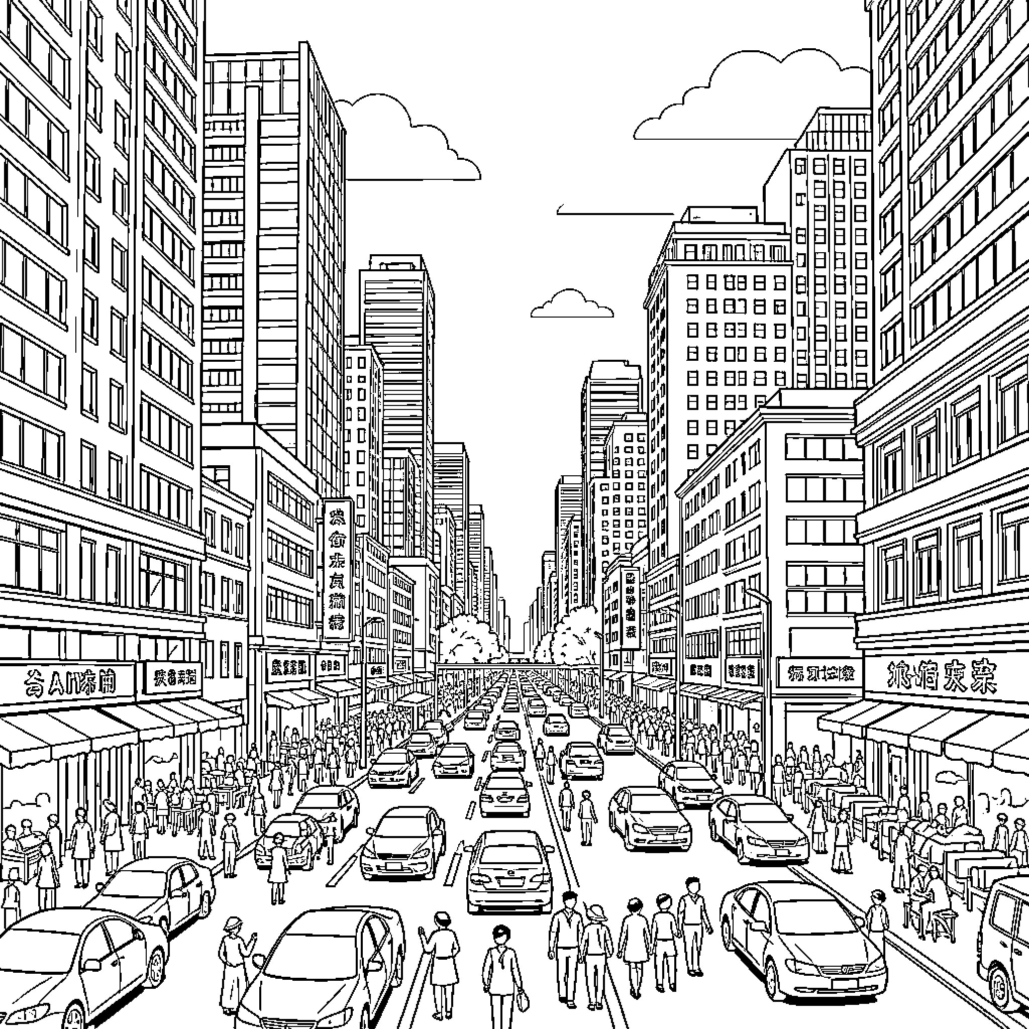 Shanghai busy street scene with crowds and traffic Coloring Page (free black-and-white line drawing printable PDF for all, from beginners to advanced learners, including children, teens, adults, and seniors)