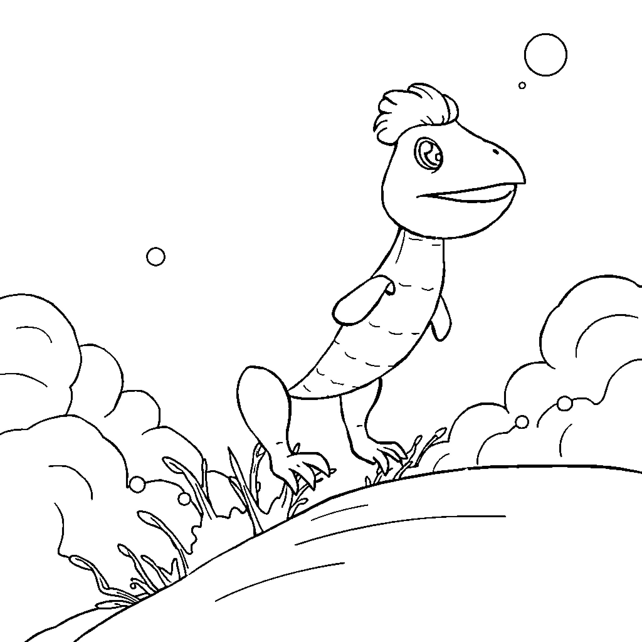 Pumpa the happy cartoon creature in nature Coloring Page (free black-and-white line drawing printable PDF for all, from beginners to advanced learners, including children, teens, adults, and seniors)