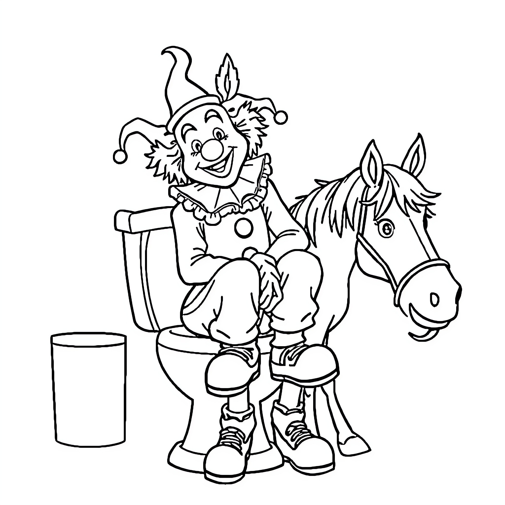 Clown riding a happy horse with circus props Coloring Page (free black-and-white line drawing printable PDF for all, from beginners to advanced learners, including children, teens, adults, and seniors)