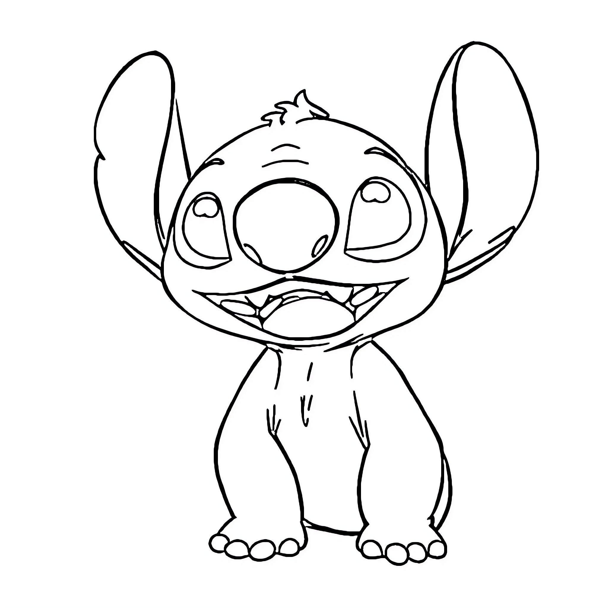Stitch smiling and posing in a lighthearted scene Coloring Page (free black-and-white line drawing printable PDF for all, from beginners to advanced learners, including children, teens, adults, and seniors)