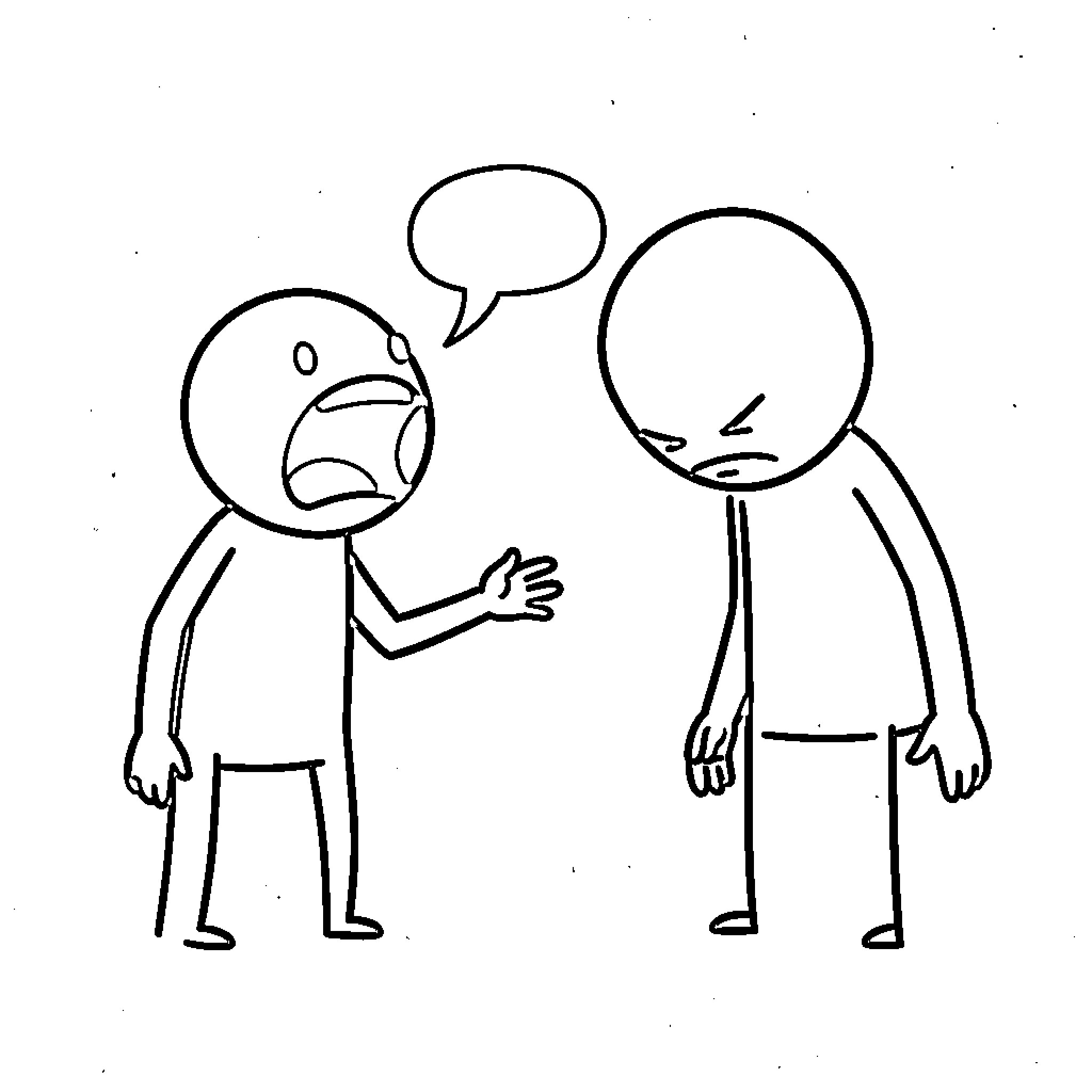 Stickmen in conversation with expressive gestures Coloring Page (free black-and-white line drawing printable PDF for all, from beginners to advanced learners, including children, teens, adults, and seniors)