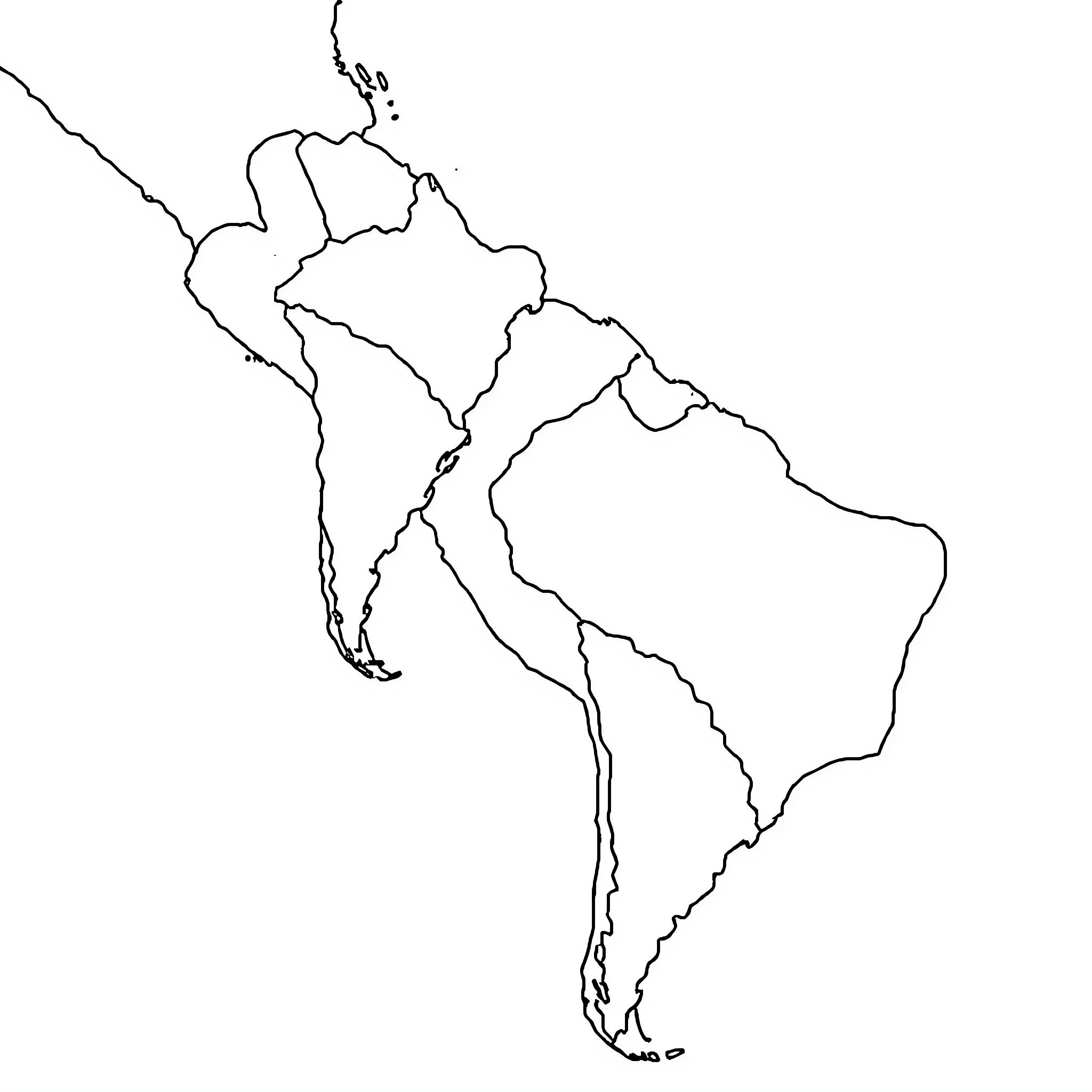 Argentina Outline Map of South America Coloring Page (free black-and-white line drawing printable PDF for all, from beginners to advanced learners, including children, teens, adults, and seniors)