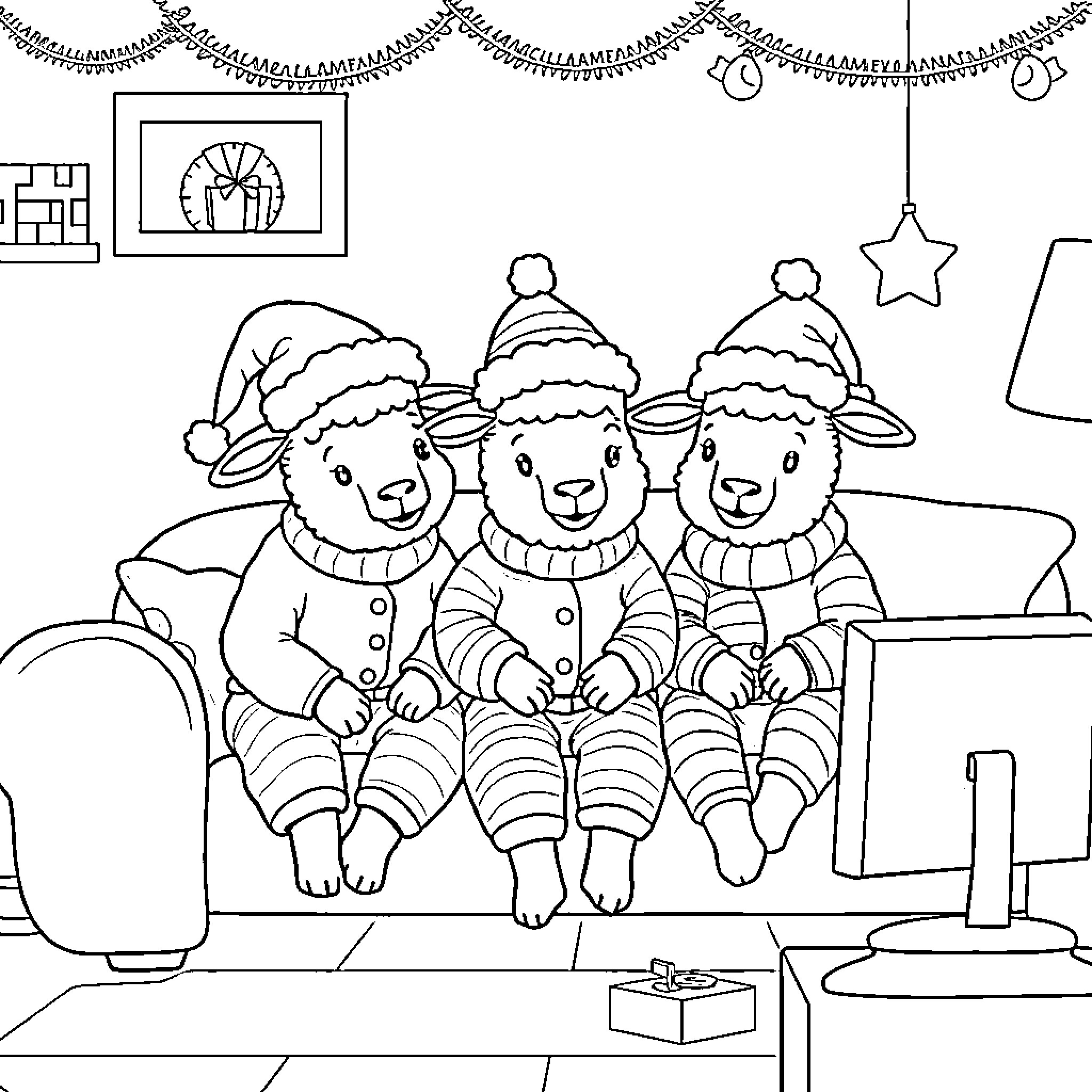 Sheep Enjoying a Cozy Holiday Gathering Coloring Page (free black-and-white line drawing printable PDF for all, from beginners to advanced learners, including children, teens, adults, and seniors)