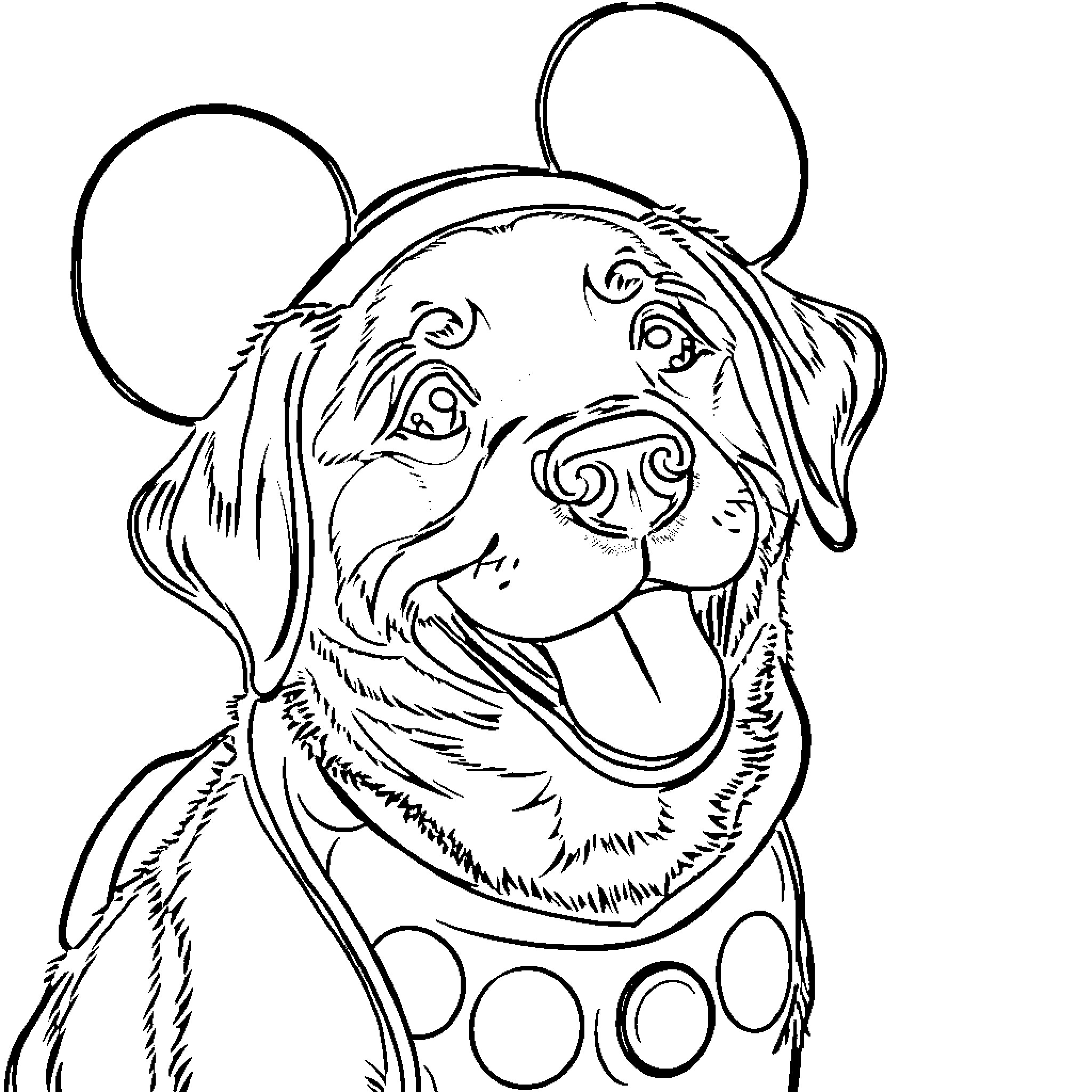 Labrador in Disney-inspired outfit Coloring Page (free black-and-white line drawing printable PDF for all, from beginners to advanced learners, including children, teens, adults, and seniors)