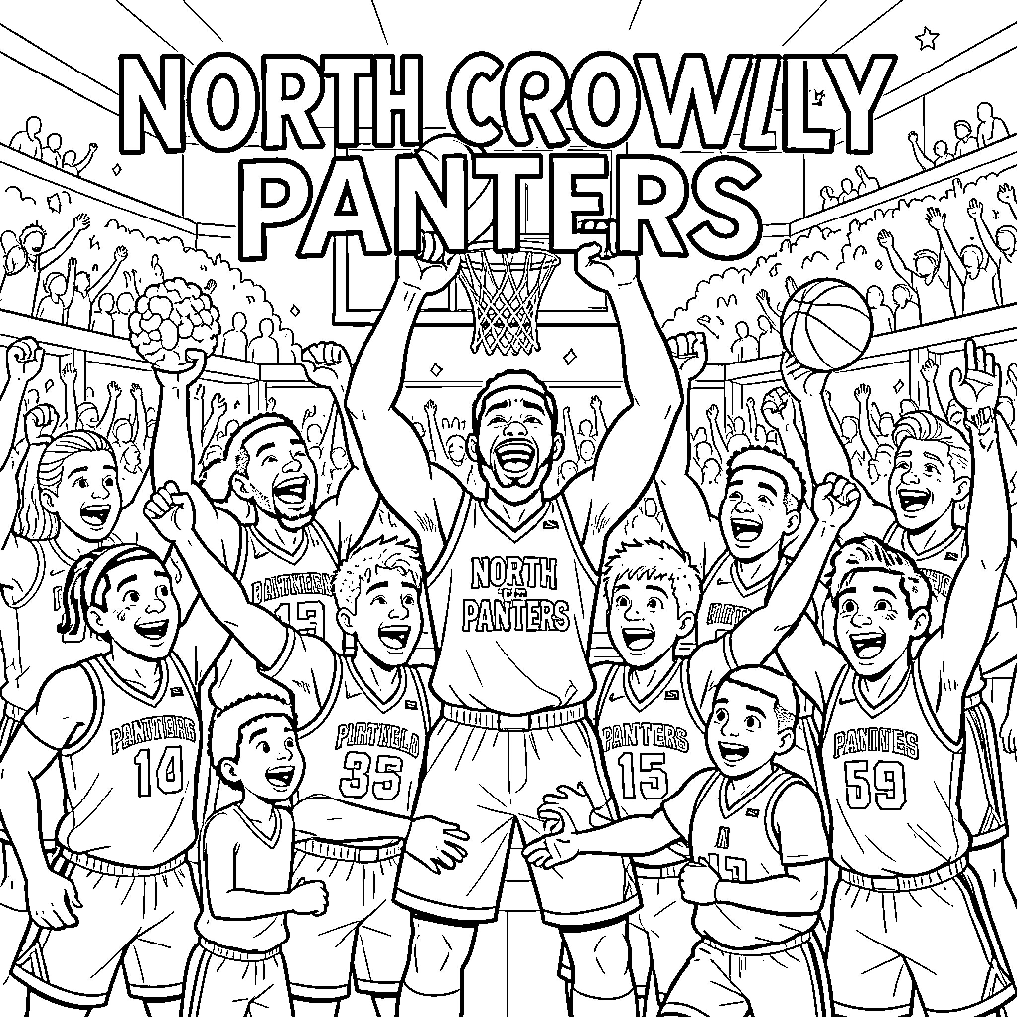 Panther basketball team celebrating win with fans Coloring Page (free black-and-white line drawing printable PDF for all, from beginners to advanced learners, including children, teens, adults, and seniors)