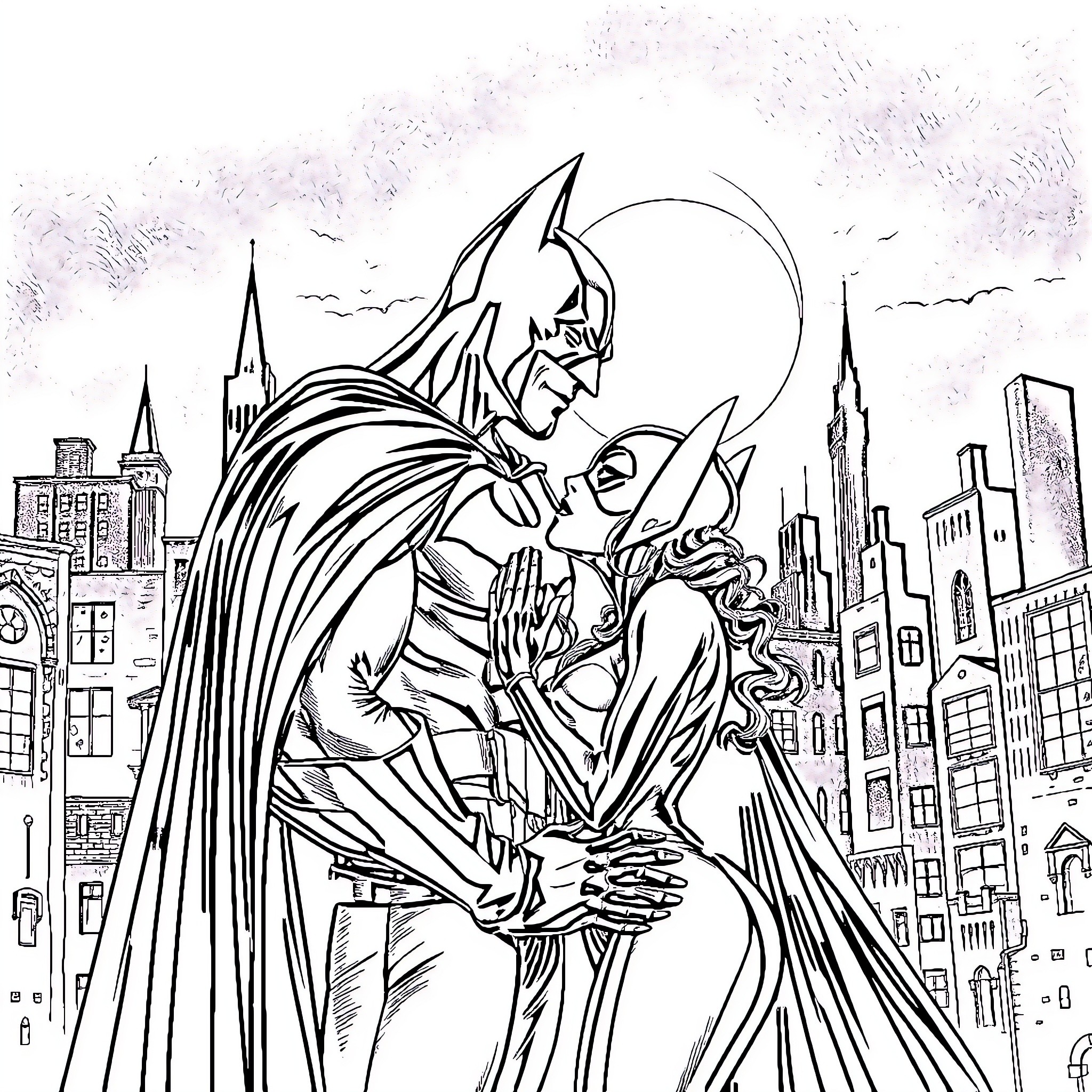 Batman embracing a woman in the city Coloring Page (free black-and-white line drawing printable PDF for all, from beginners to advanced learners, including children, teens, adults, and seniors)