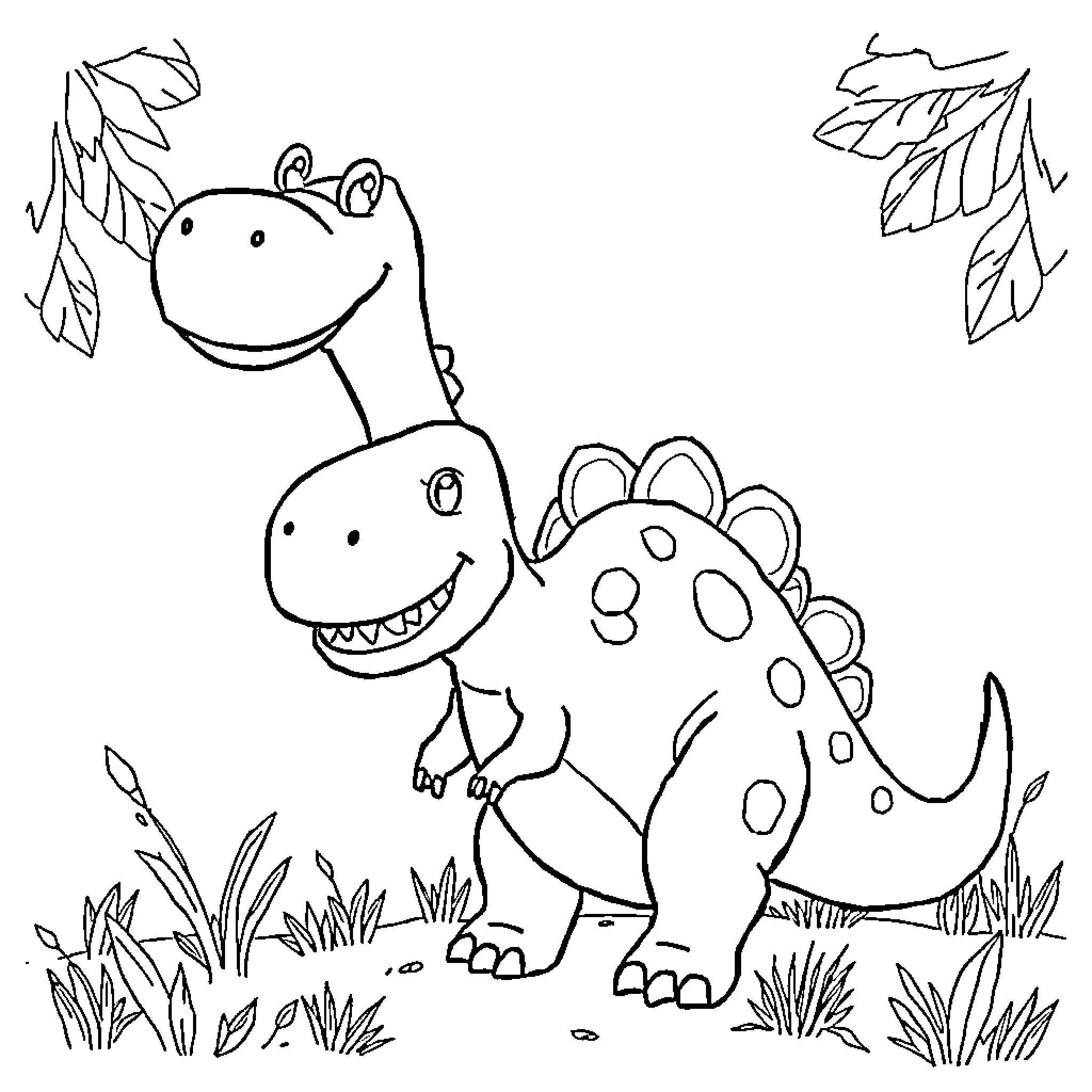 Dinosaurs playing joyfully in nature Coloring Page (free black-and-white line drawing printable PDF for all, from beginners to advanced learners, including children, teens, adults, and seniors)