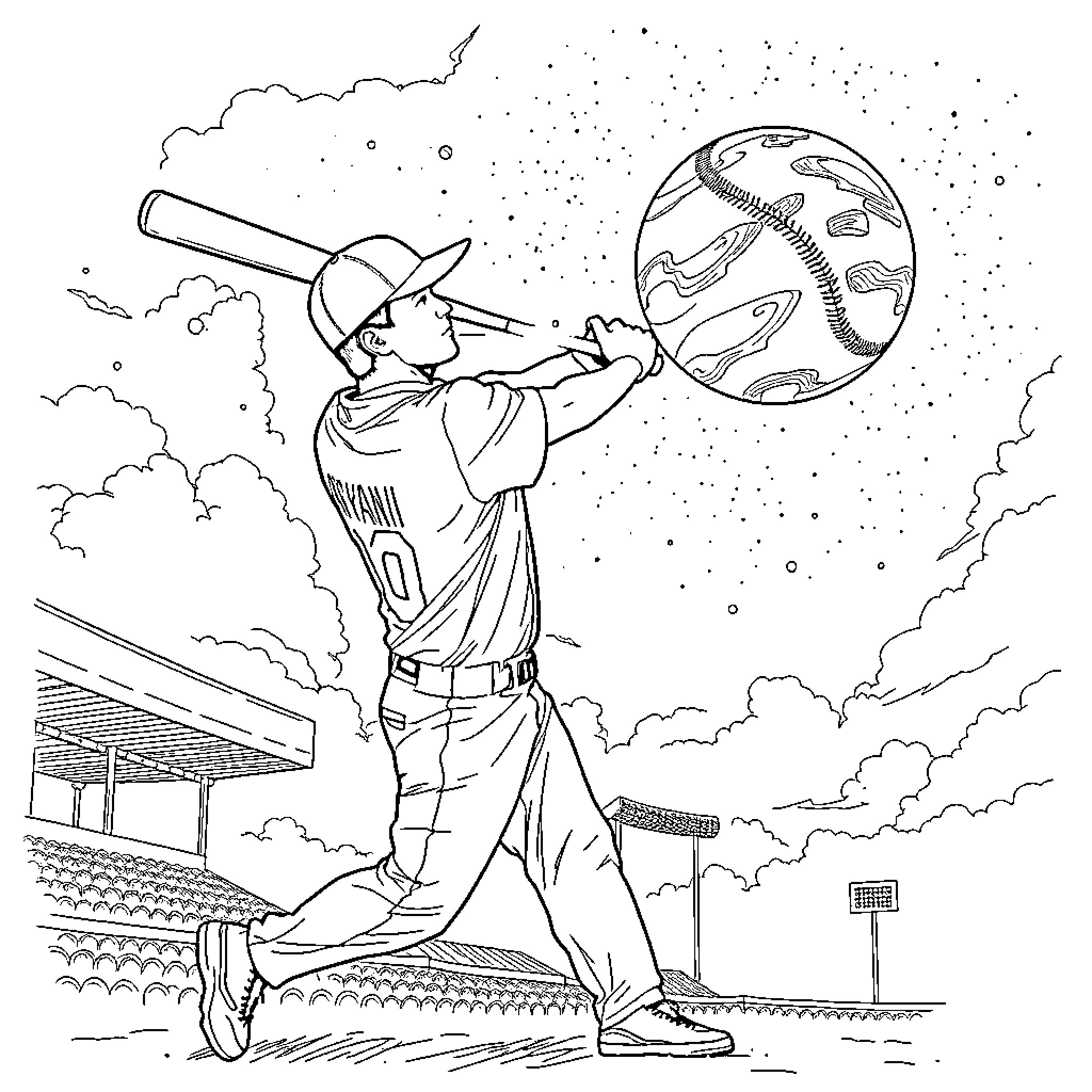 Shohei Ohtani batting on the baseball field Coloring Page (free black-and-white line drawing printable PDF for all, from beginners to advanced learners, including children, teens, adults, and seniors)