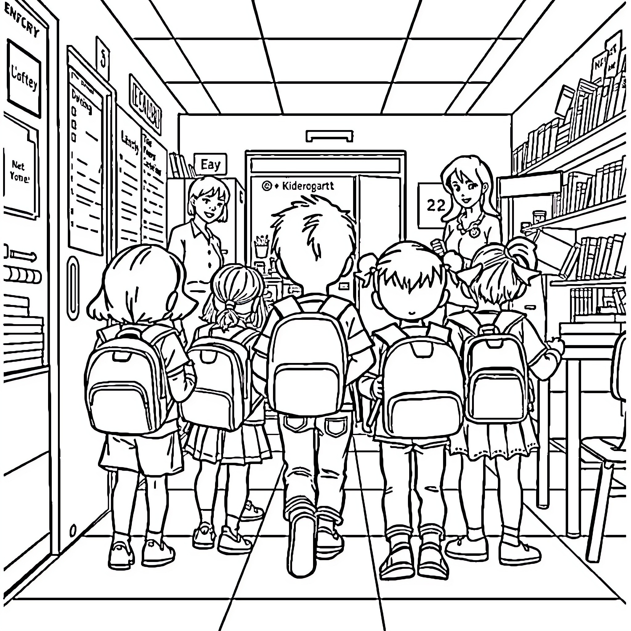 Kindergarten students in classroom with school supplies Coloring Page (free black-and-white line drawing printable PDF for all, from beginners to advanced learners, including children, teens, adults, and seniors)