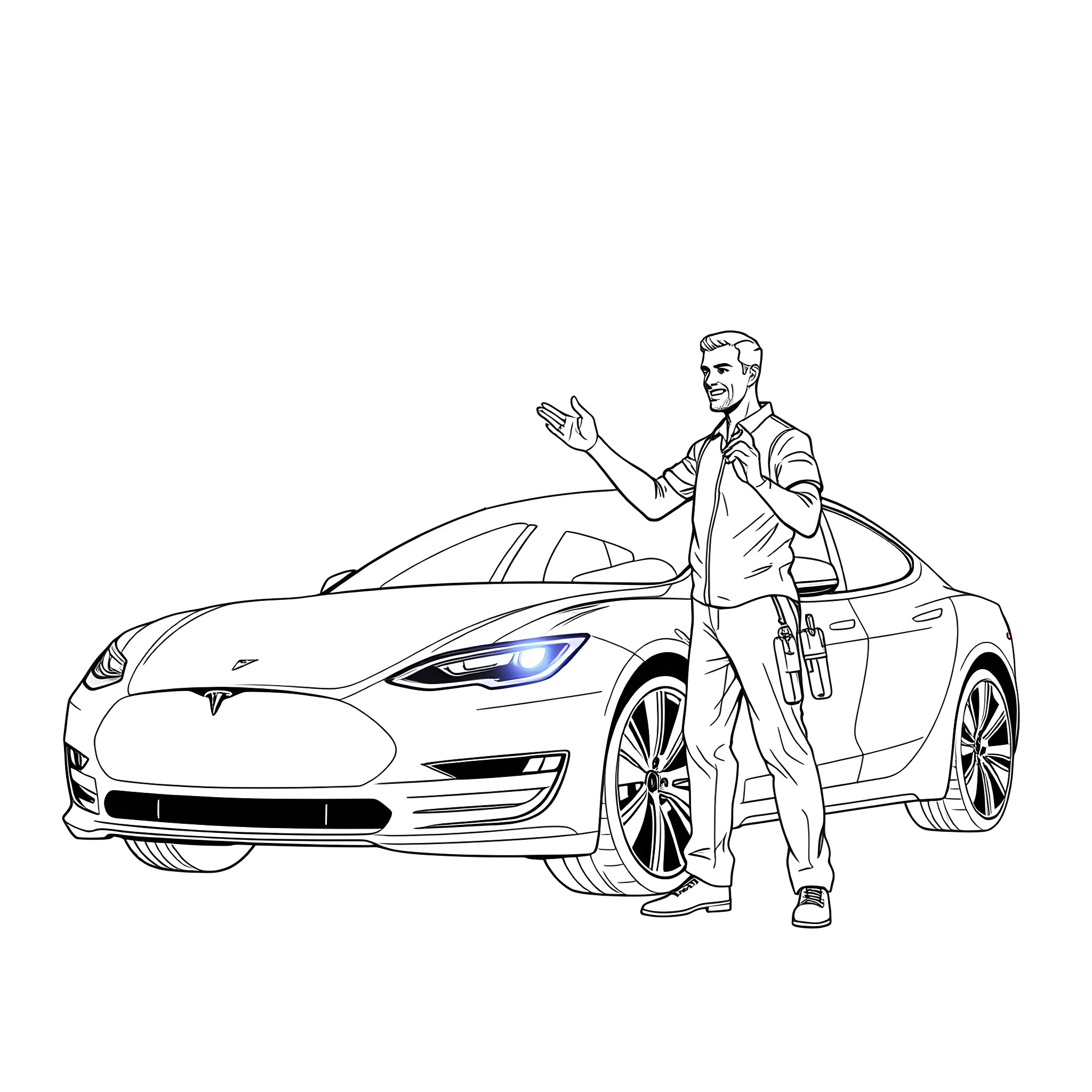 Mechanic examining and inspecting modern electric car Coloring Page (free black-and-white line drawing printable PDF for all, from beginners to advanced learners, including children, teens, adults, and seniors)