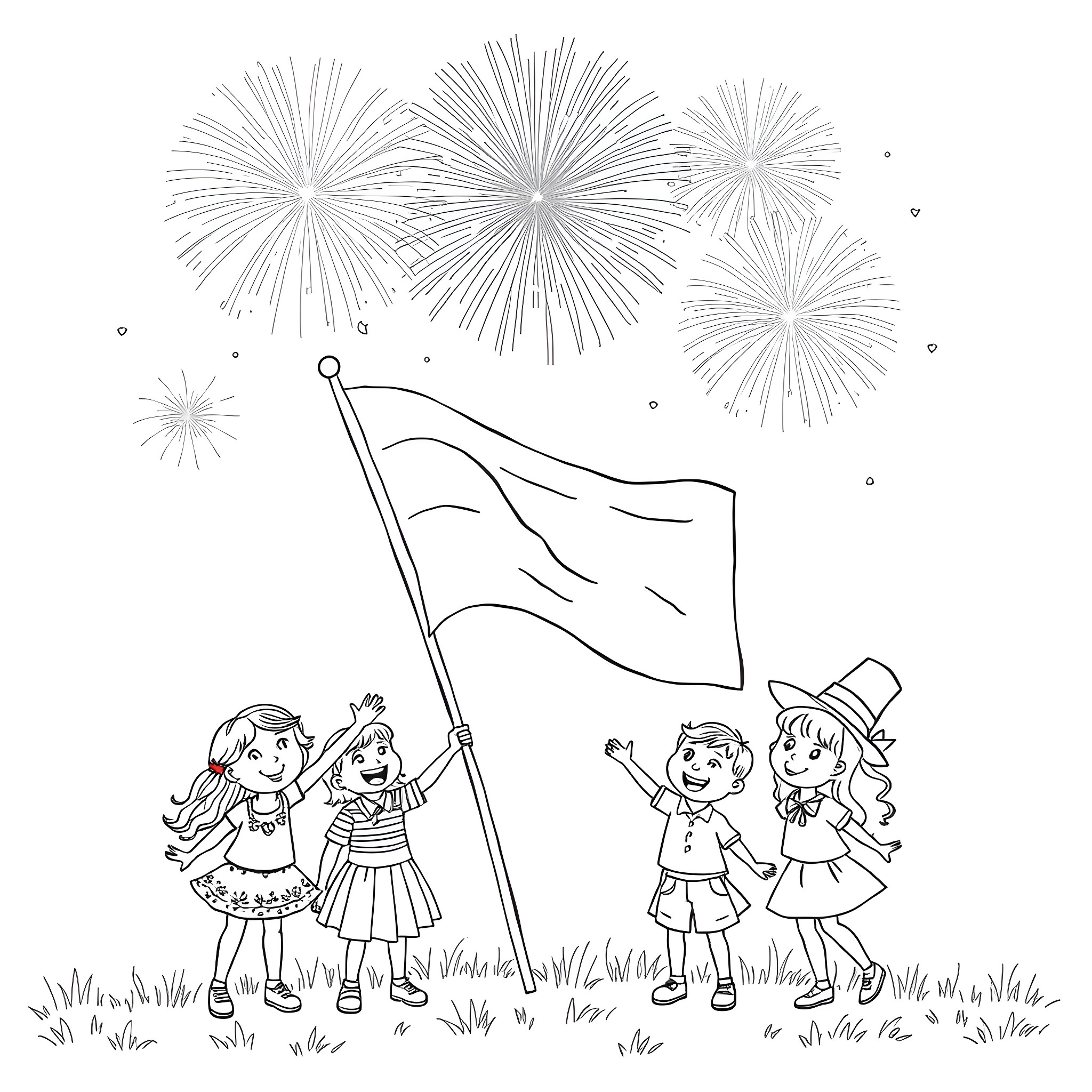 Flag raising with children celebrating fireworks Coloring Page (free black-and-white line drawing printable PDF for all, from beginners to advanced learners, including children, teens, adults, and seniors)