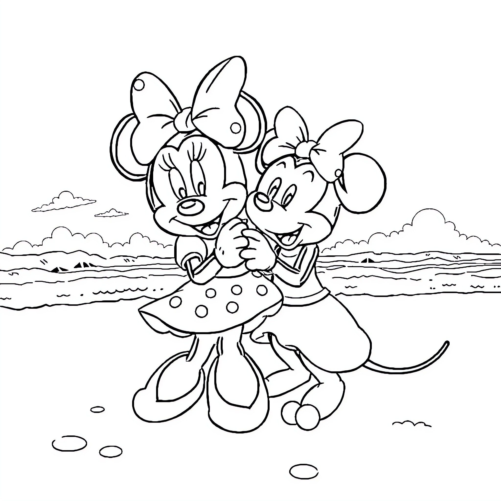 Minnie and Daisy enjoying a day at the beach Coloring Page (free black-and-white line drawing printable PDF for all, from beginners to advanced learners, including children, teens, adults, and seniors)