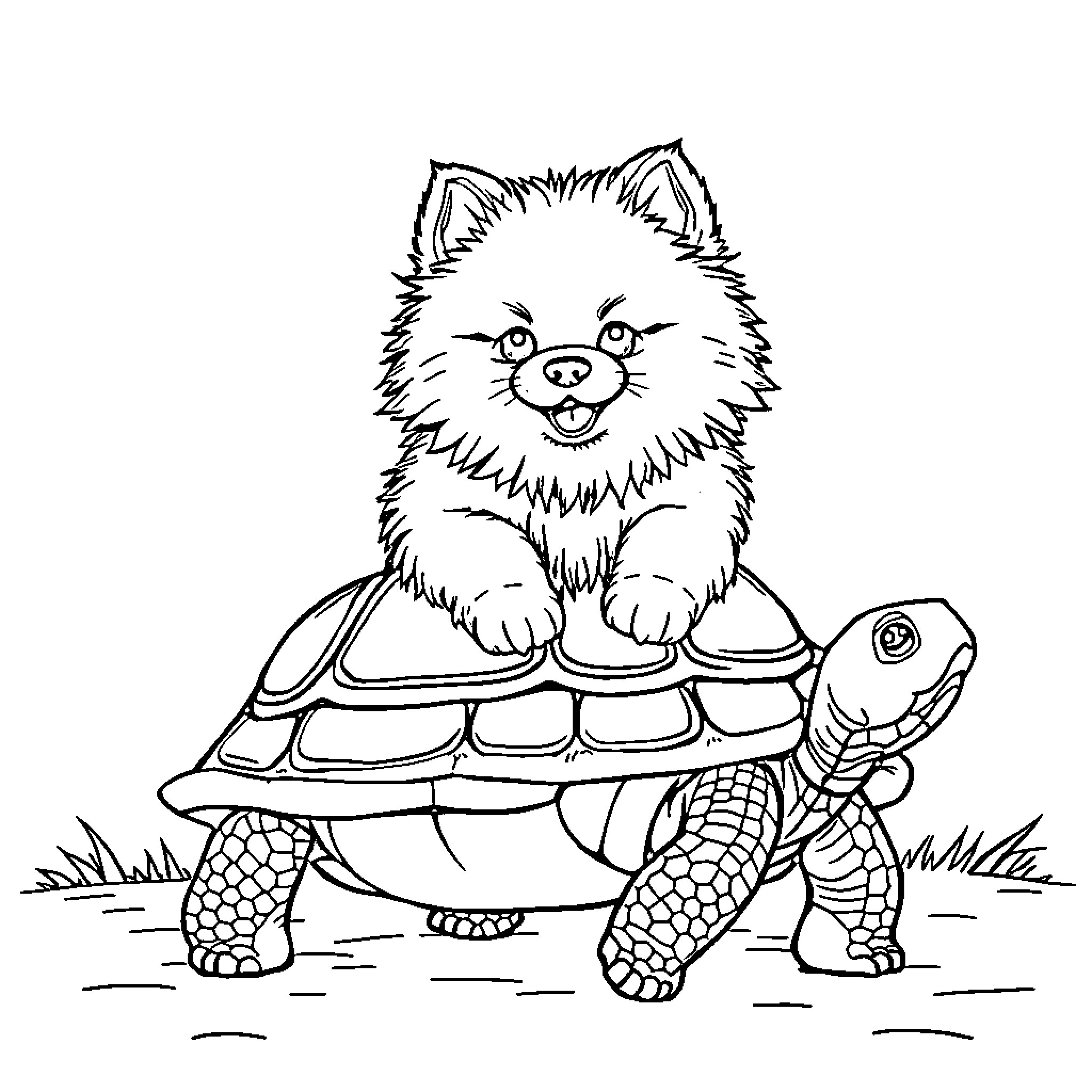 Pomeranian riding a turtle in the wild Coloring Page (free black-and-white line drawing printable PDF for all, from beginners to advanced learners, including children, teens, adults, and seniors)