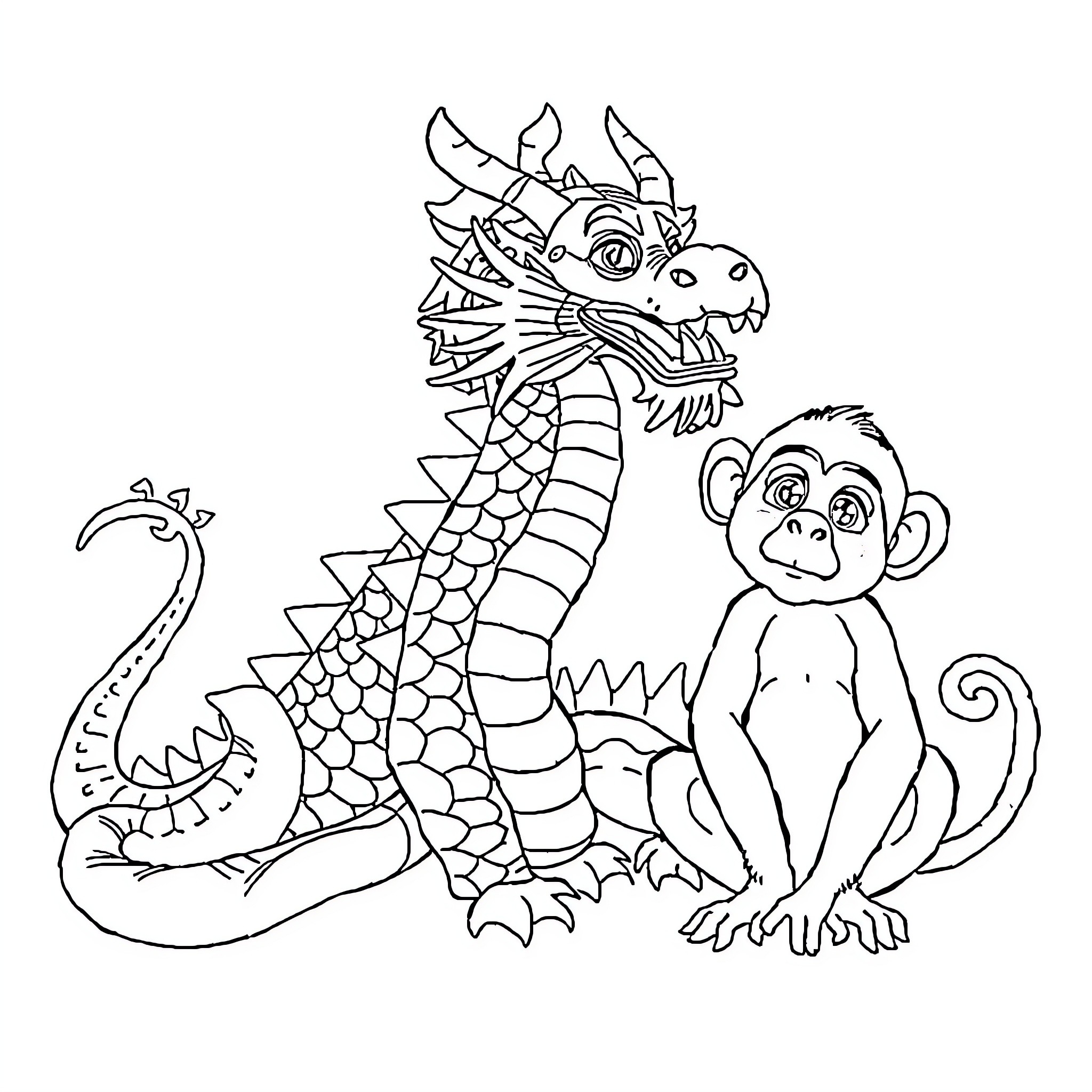 Dragon and Monkey Engage in Whimsical Play Coloring Page (free black-and-white line drawing printable PDF for all, from beginners to advanced learners, including children, teens, adults, and seniors)
