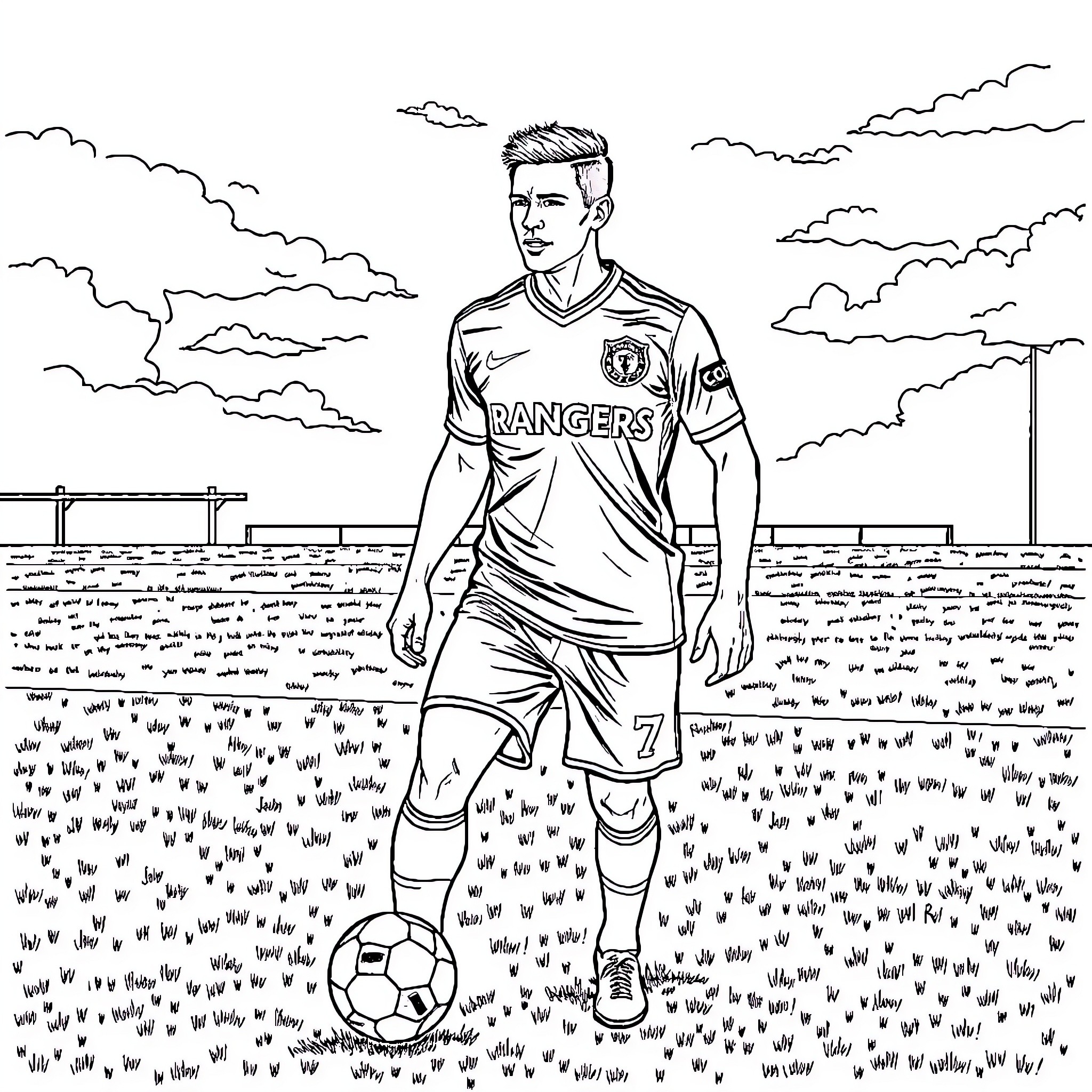 RangersFC Player on the field Coloring Page (free black-and-white line drawing printable PDF for all, from beginners to advanced learners, including children, teens, adults, and seniors)