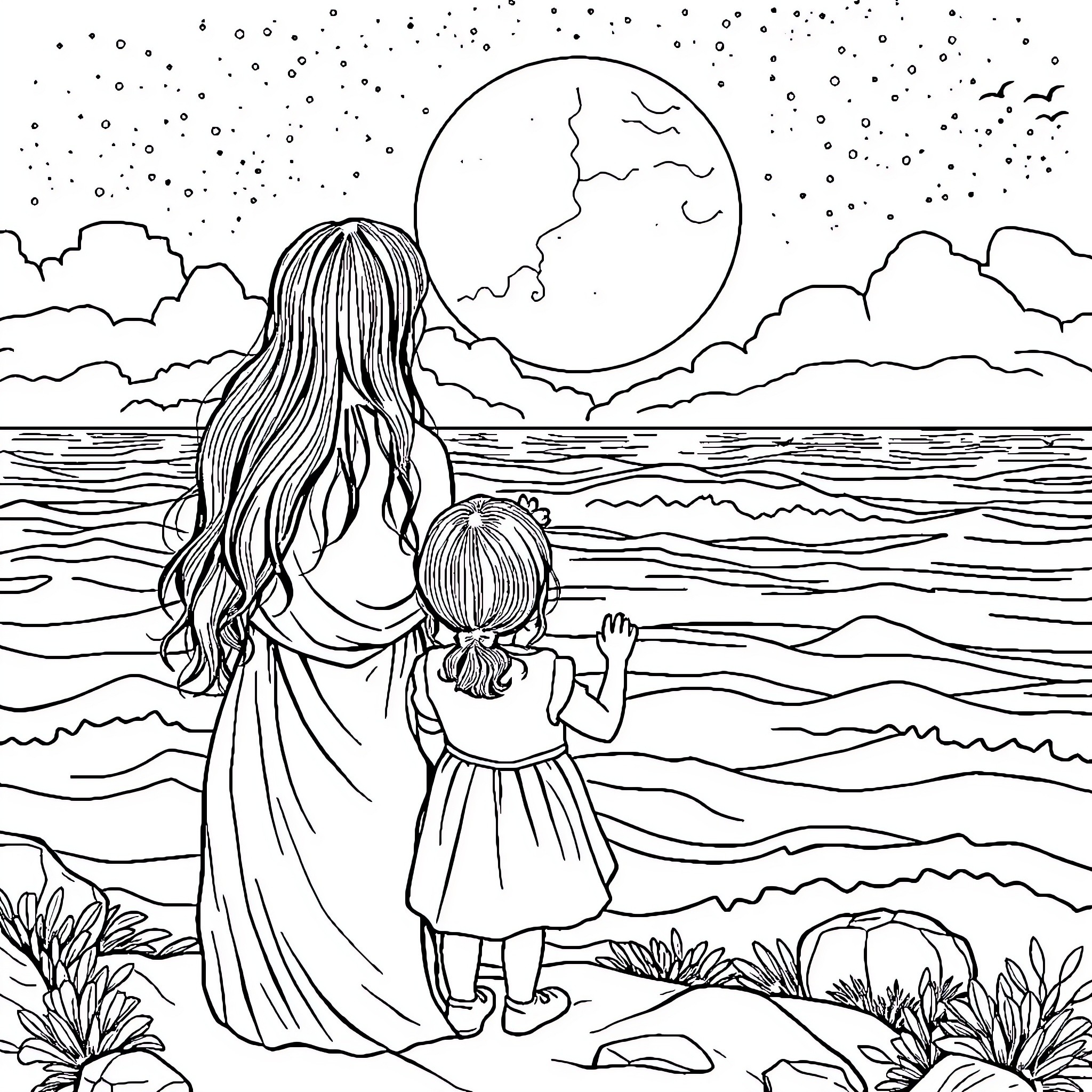 Mother and Child Gazing at the Moonlit Seascape Coloring Page (free black-and-white line drawing printable PDF for all, from beginners to advanced learners, including children, teens, adults, and seniors)