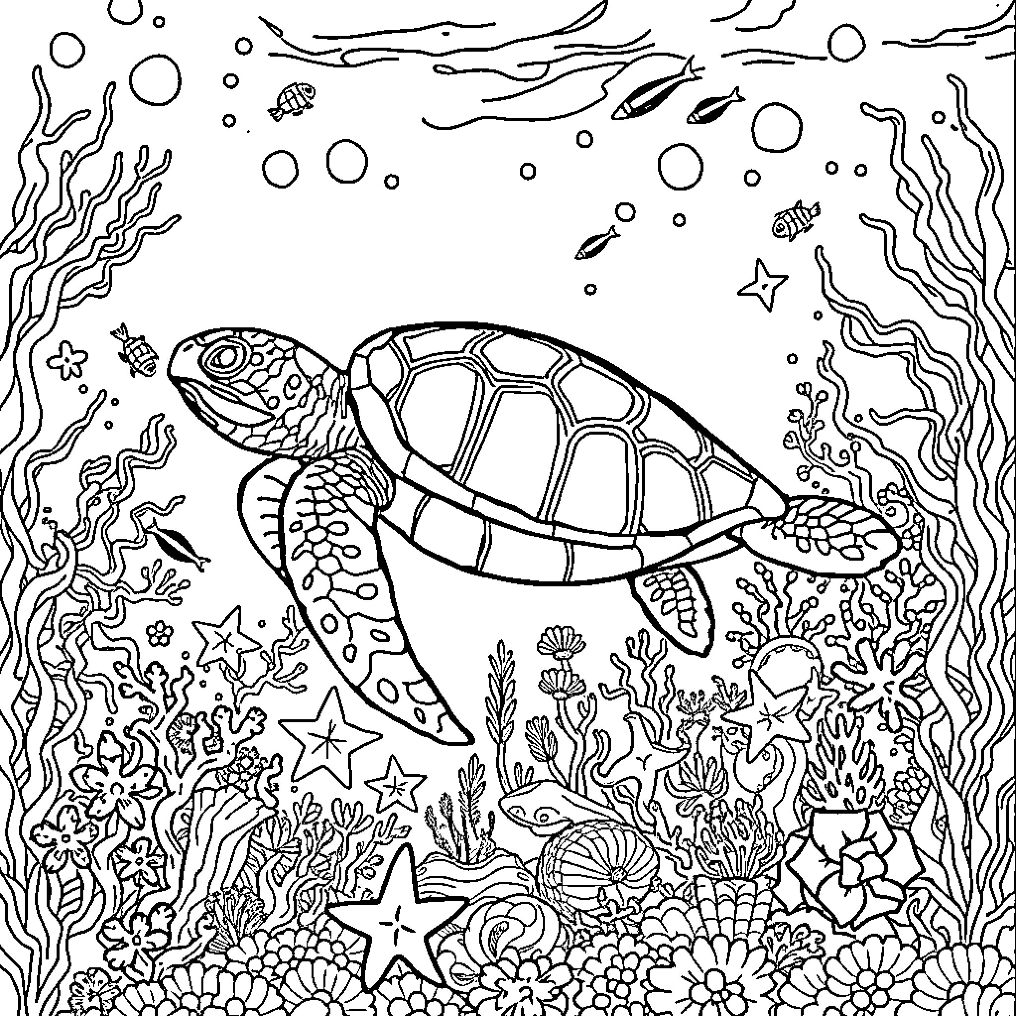 Turtle swimming underwater amidst marine life Coloring Page (free black-and-white line drawing printable PDF for all, from beginners to advanced learners, including children, teens, adults, and seniors)