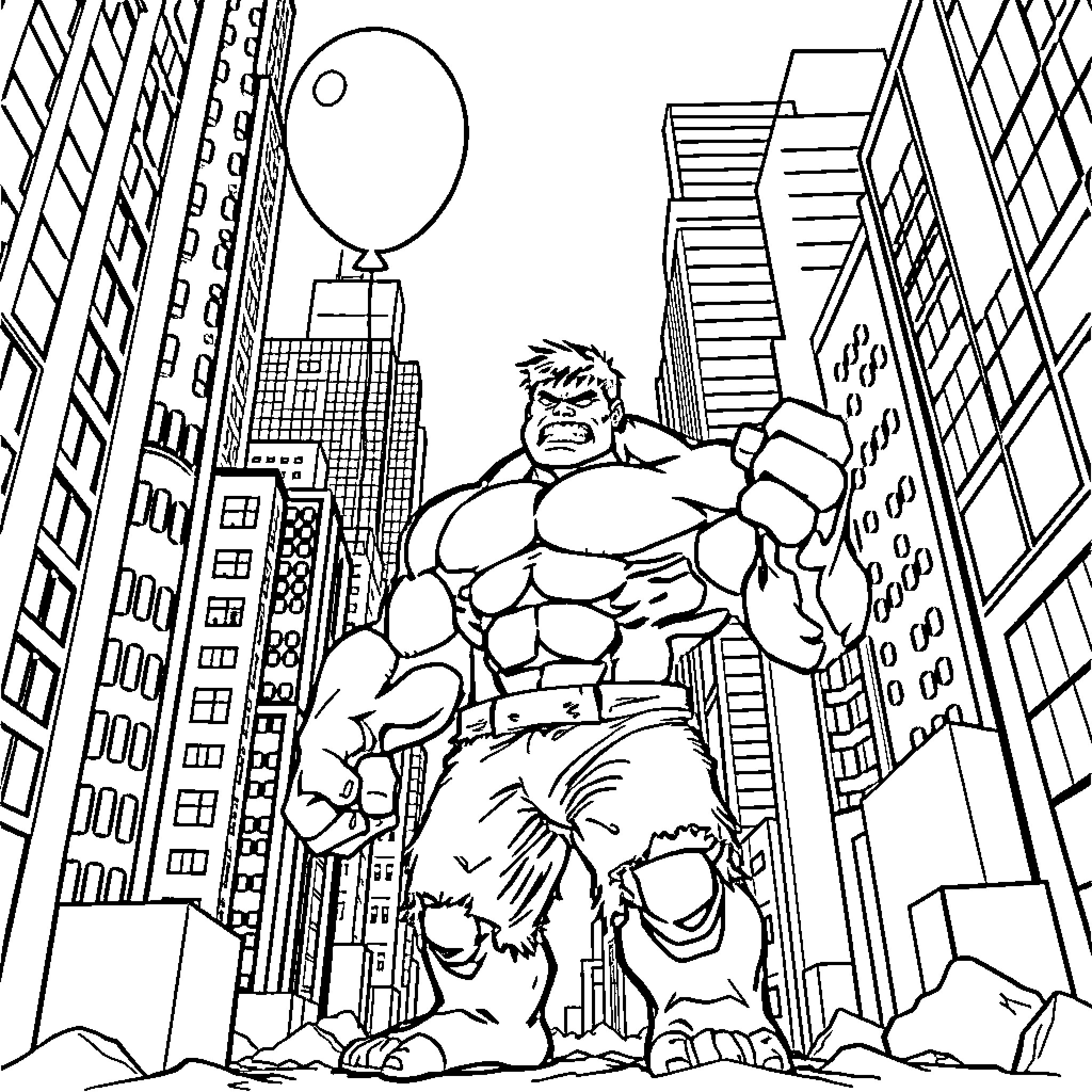 Hulk Smashing Through City Skyline Coloring Page (free black-and-white line drawing printable PDF for all, from beginners to advanced learners, including children, teens, adults, and seniors)
