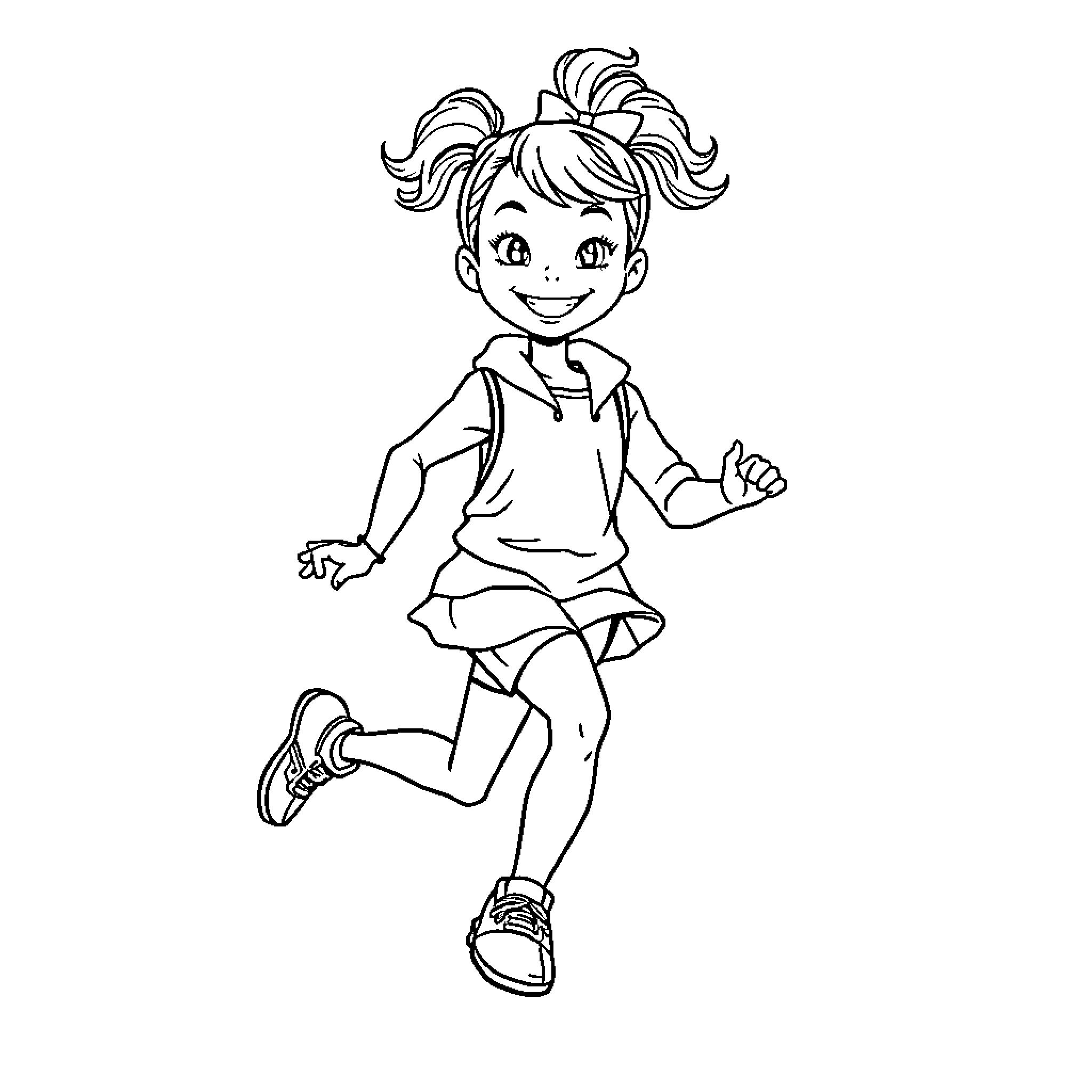 Girl happily jumping in casual outfit Coloring Page (free black-and-white line drawing printable PDF for all, from beginners to advanced learners, including children, teens, adults, and seniors)