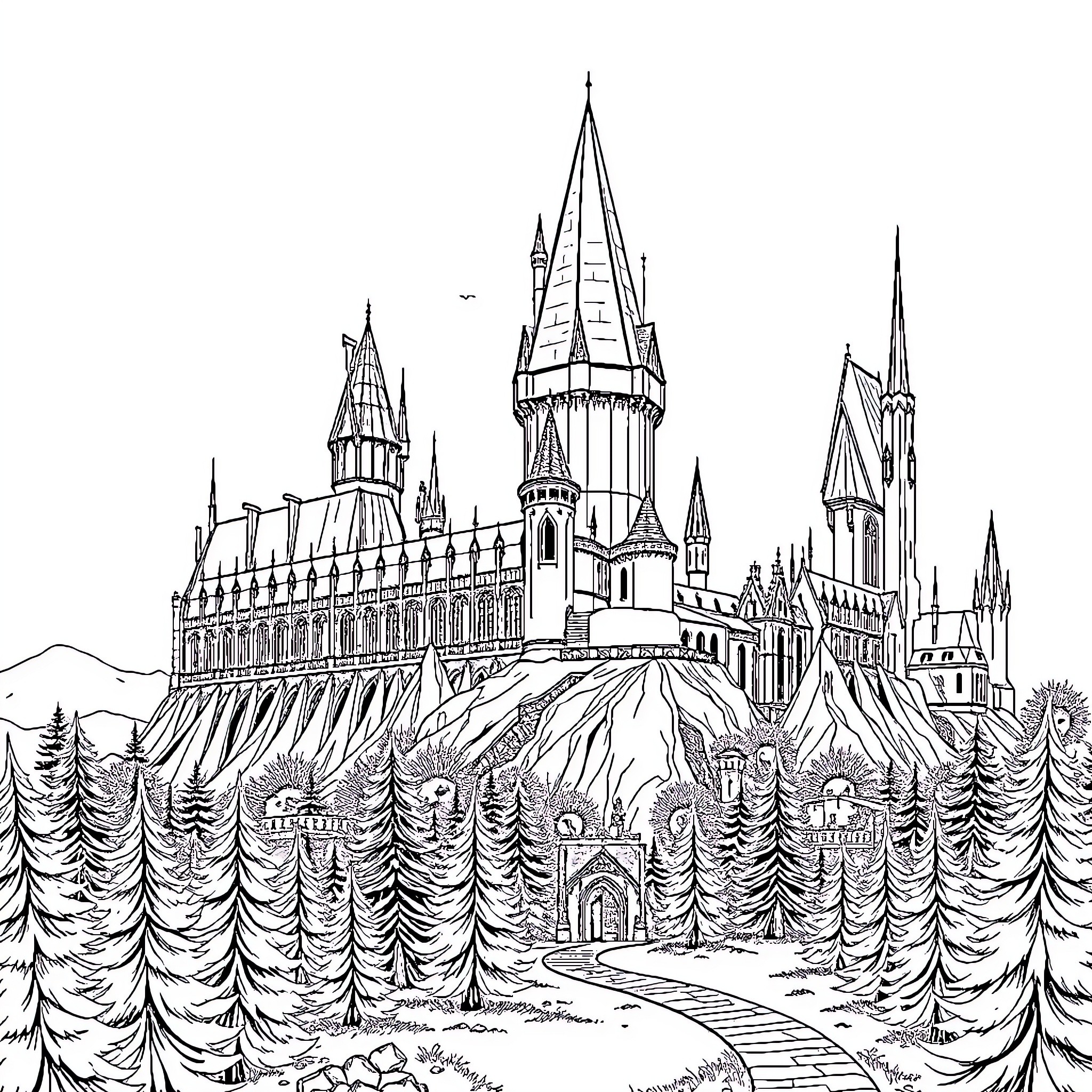 Hogwarts Castle in a Magical Landscape Coloring Page (free black-and-white line drawing printable PDF for all, from beginners to advanced learners, including children, teens, adults, and seniors)