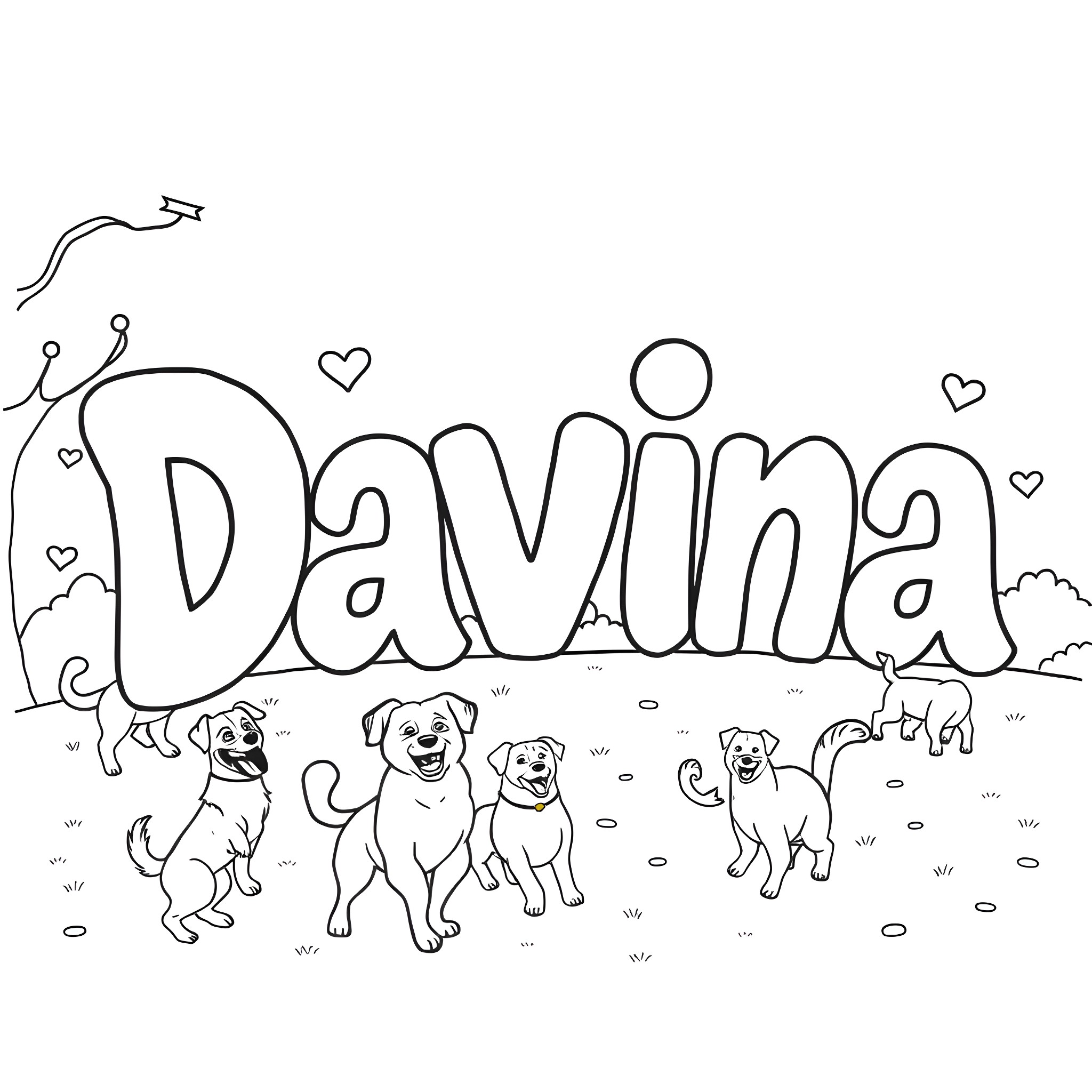 Davina and her happy puppies in the park Coloring Page (free black-and-white line drawing printable PDF for all, from beginners to advanced learners, including children, teens, adults, and seniors)