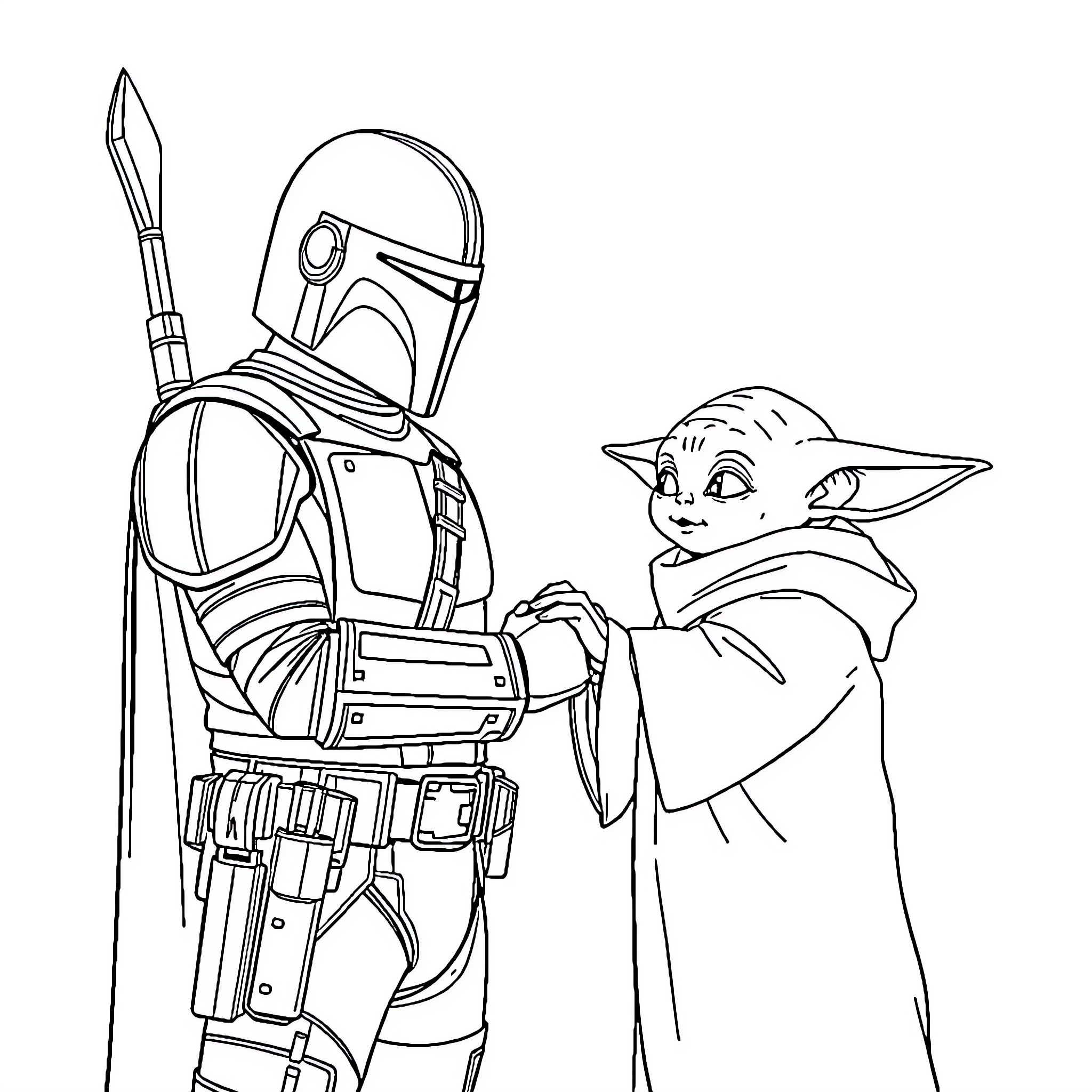 Mandalorian and mysterious companion face challenges Coloring Page (free black-and-white line drawing printable PDF for all, from beginners to advanced learners, including children, teens, adults, and seniors)