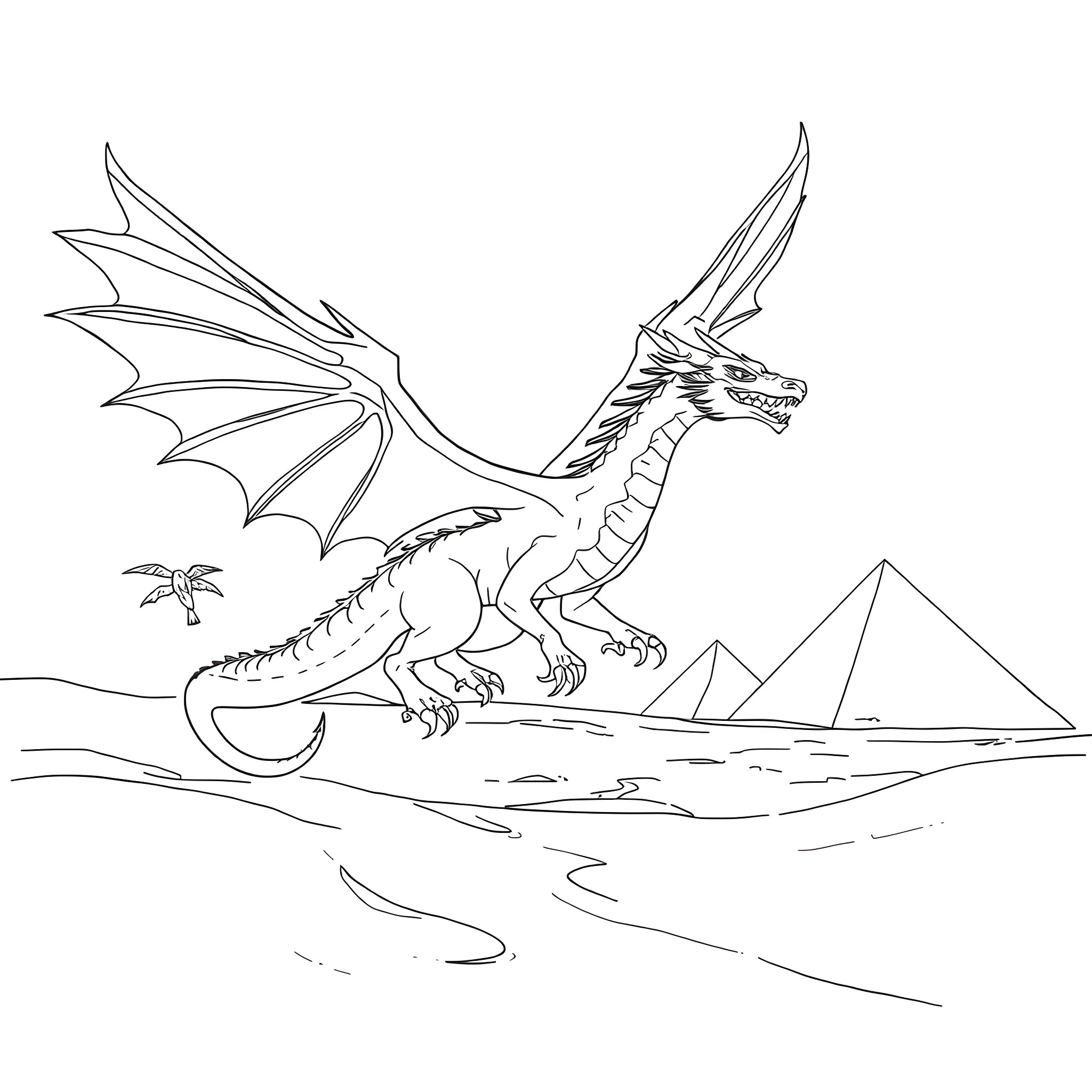 Winged Dragon Of Ra soaring over ancient Egyptian pyramids Coloring Page (free black-and-white line drawing printable PDF for all, from beginners to advanced learners, including children, teens, adults, and seniors)