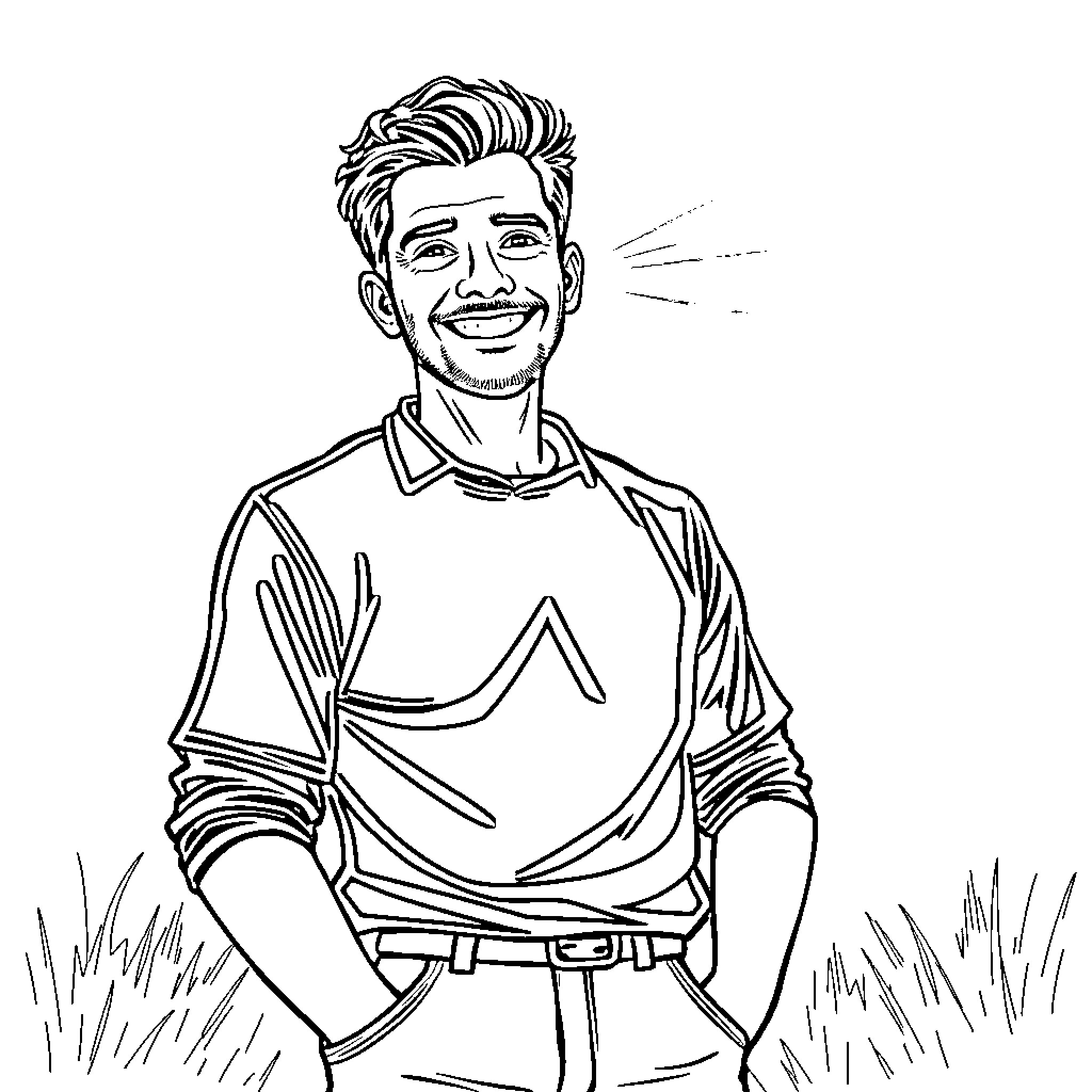 Man smiling joyfully in a grassy field Coloring Page (free black-and-white line drawing printable PDF for all, from beginners to advanced learners, including children, teens, adults, and seniors)